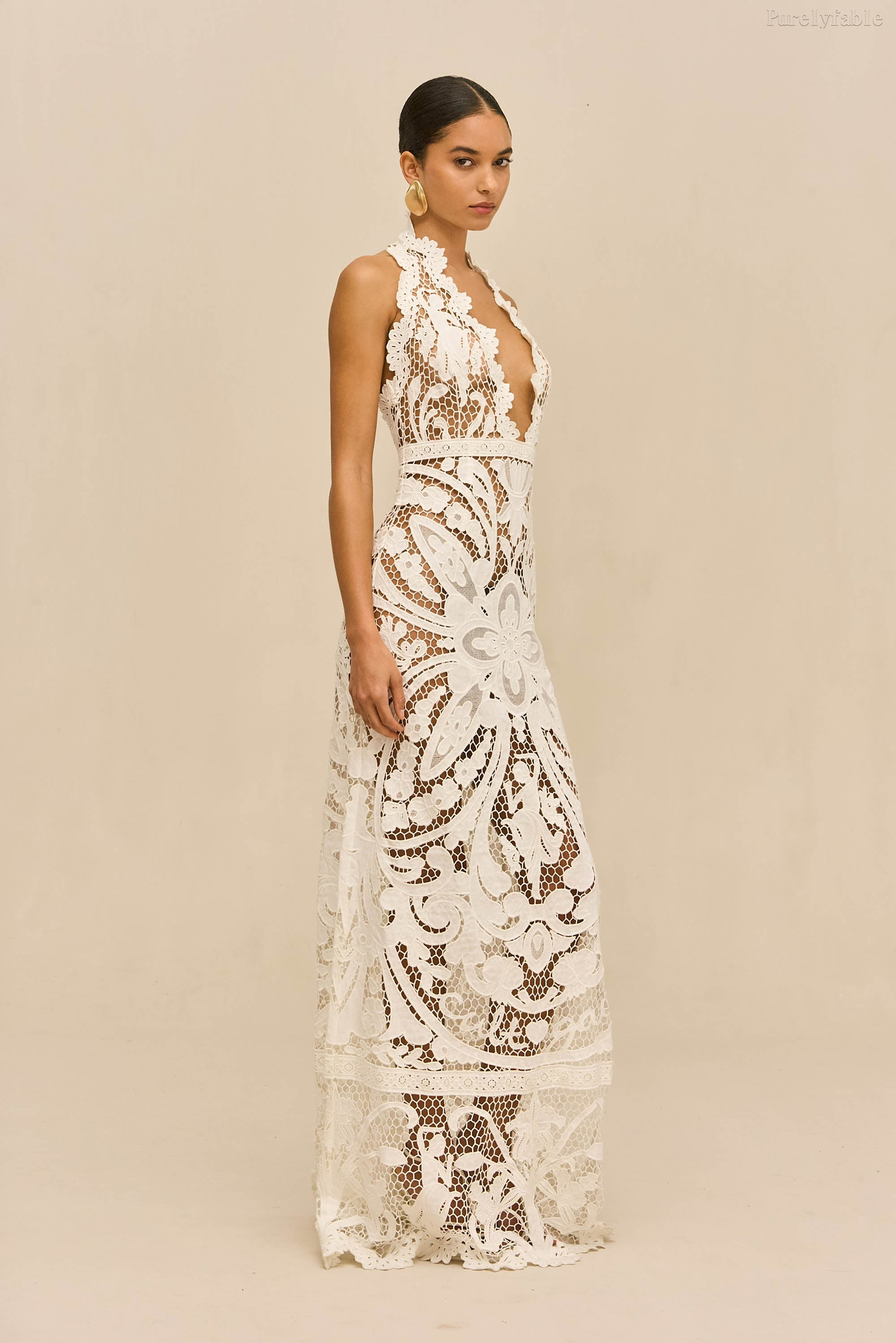 Elara White V-neck Deep-V Sleeveless Long Dress