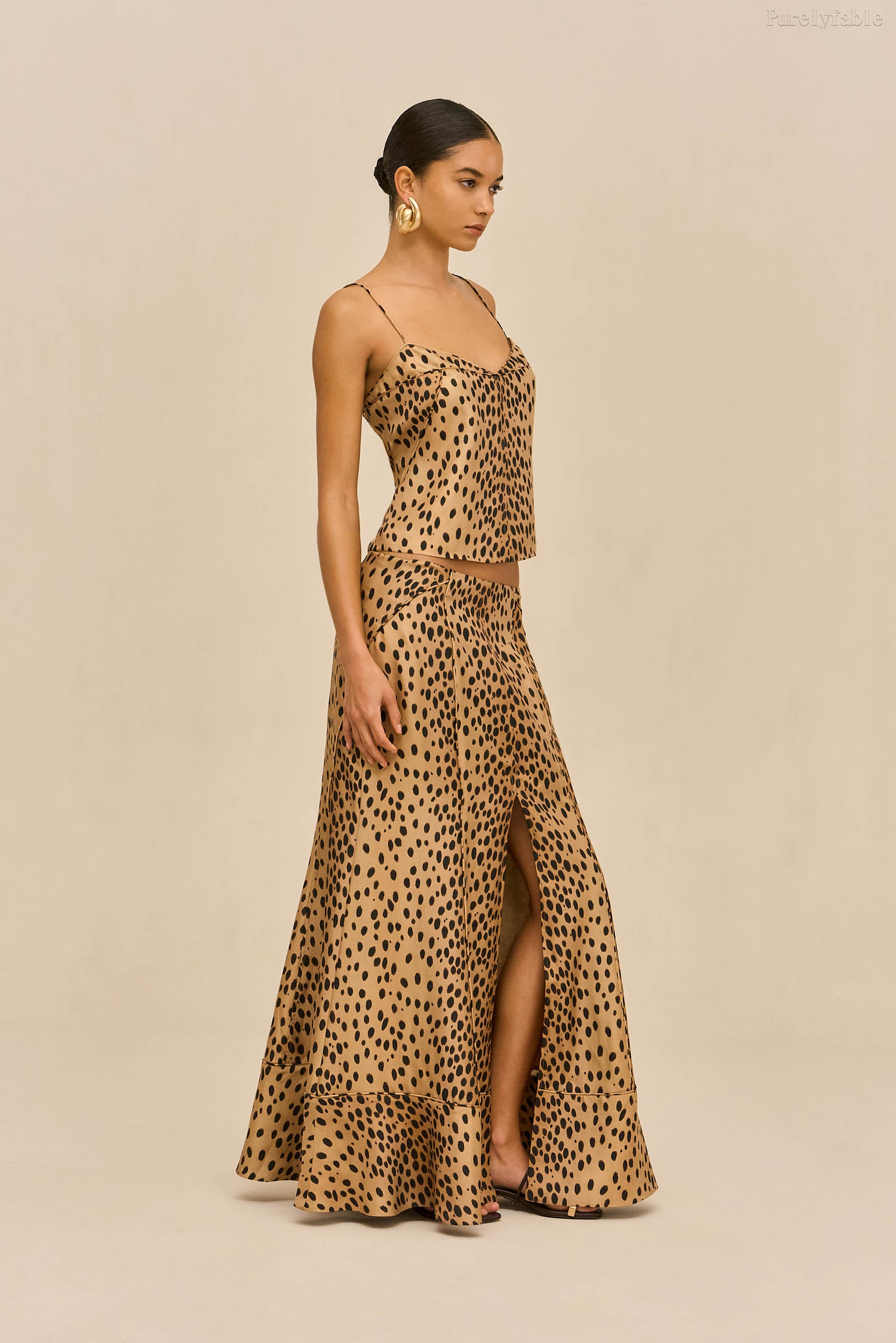 Elara Khaki-Colored Fine Shoulder-Belt High Slit Dress Set