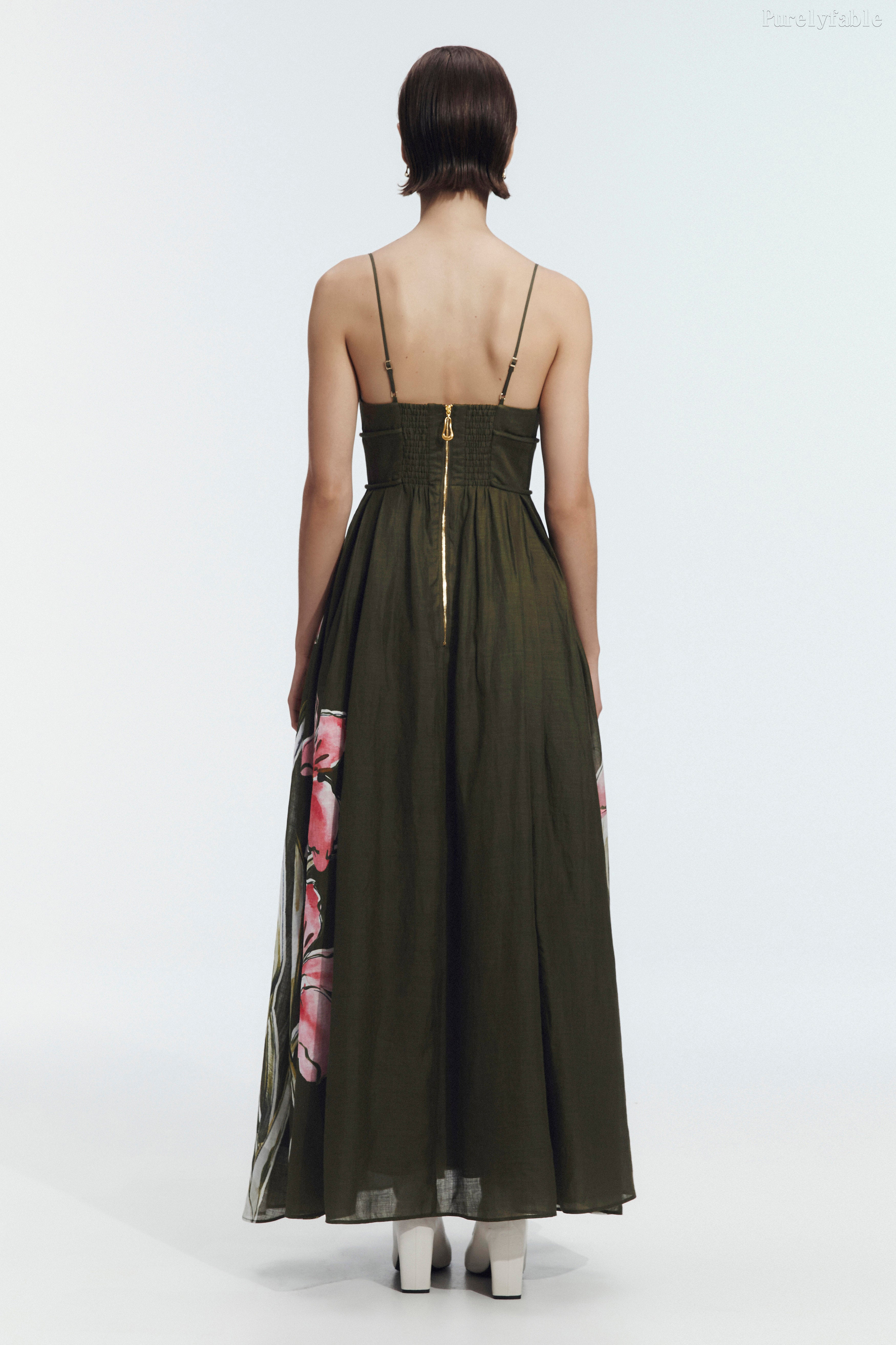 Giana Dark Green Deep V-Neck Long Dress With Thin Shoulder Straps