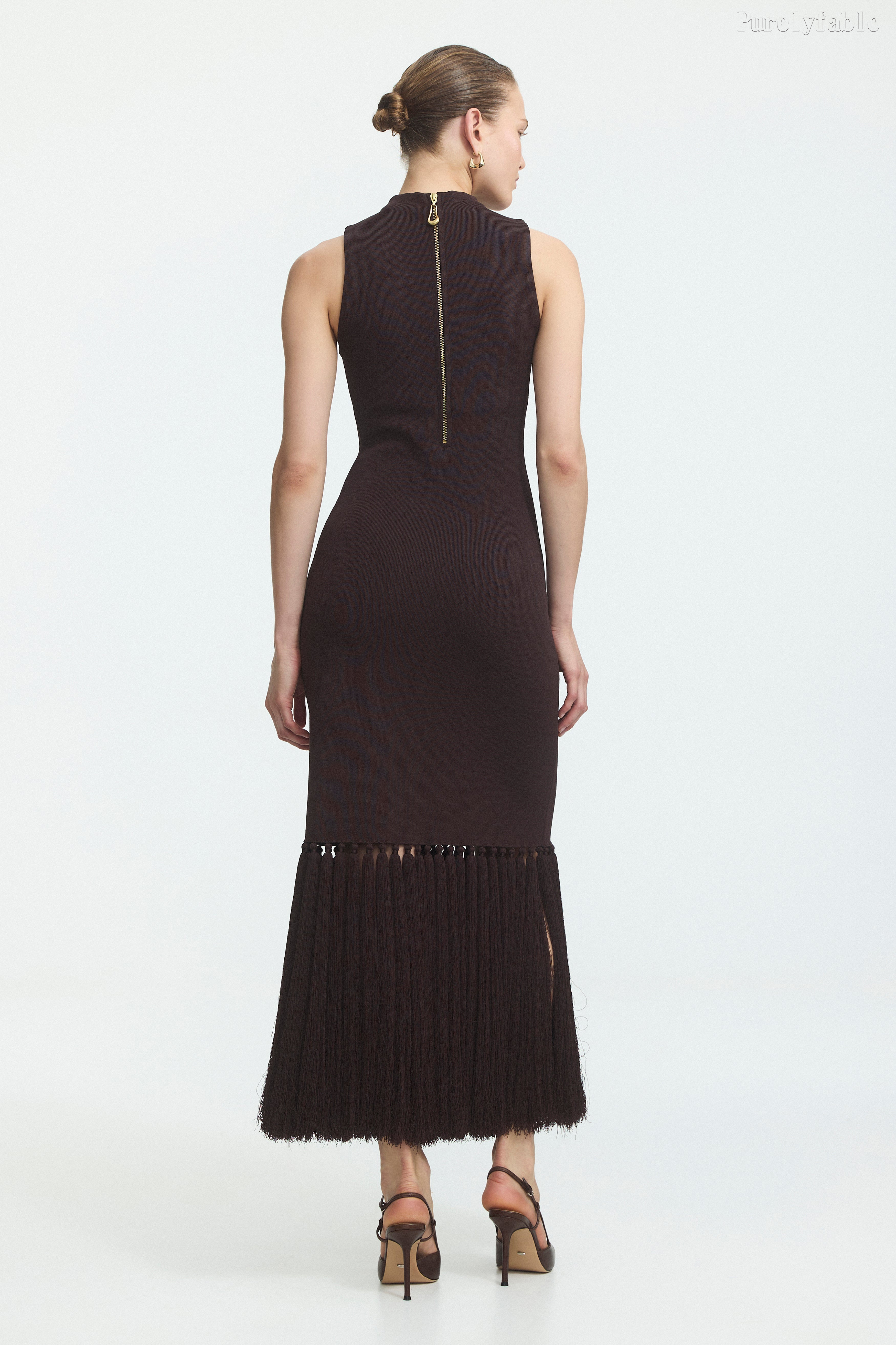Hazel Brown Color Sleeveless Half-Neckline Mid-Length Evening Dress