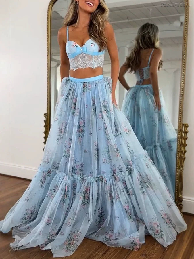 Aurora Apricot Chiffon Printed Half Skirt Two Piece Set