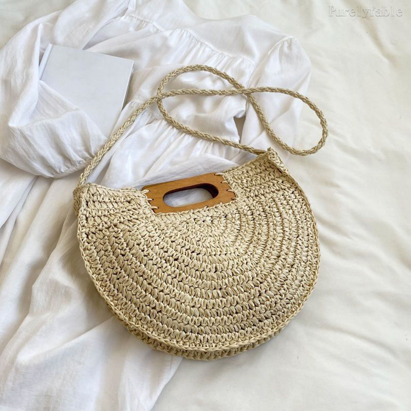 Beige Semi-Circular Straw Woven Bag