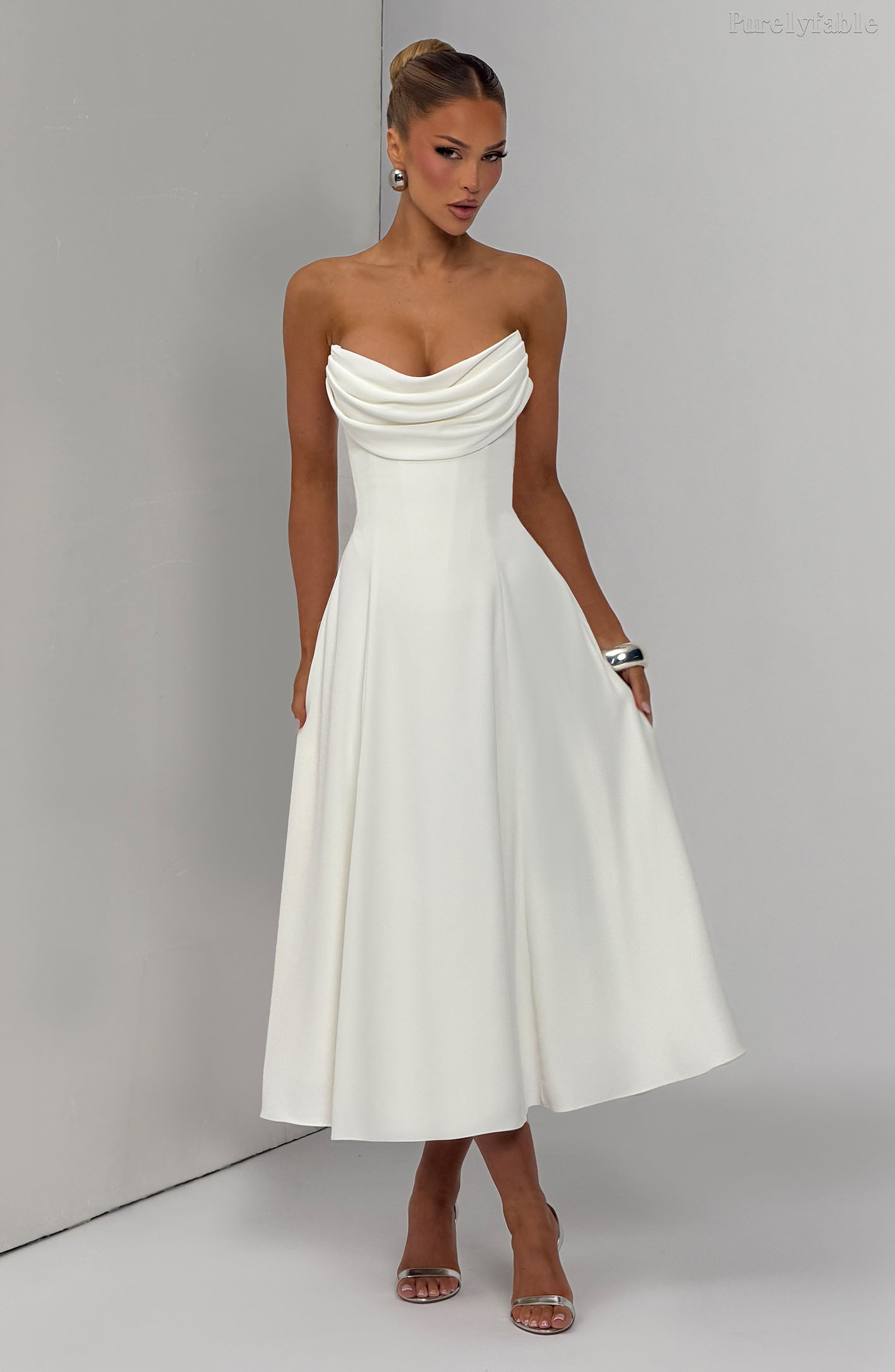 Rebecca White Strapless Swing Collar Midi Dress