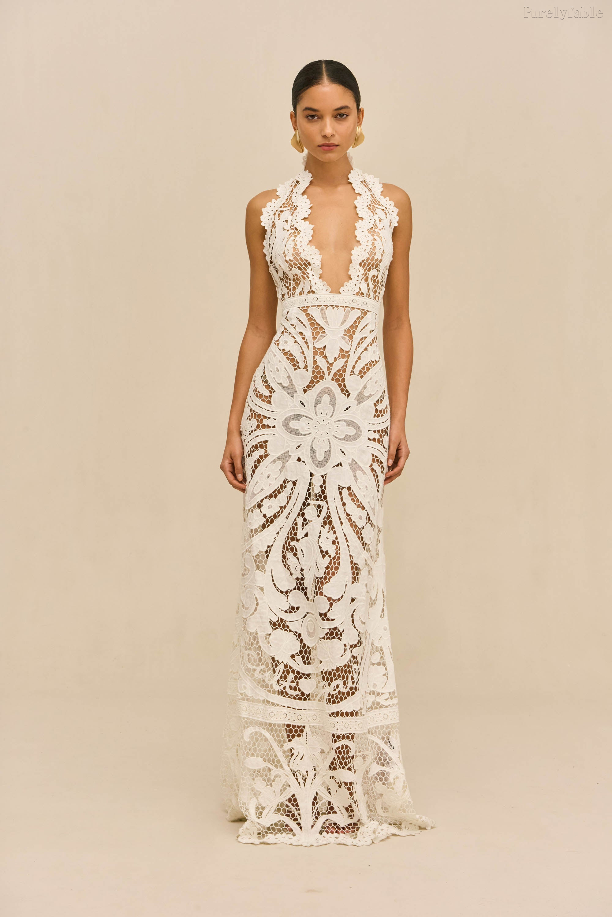Elara White V-neck Deep-V Sleeveless Long Dress