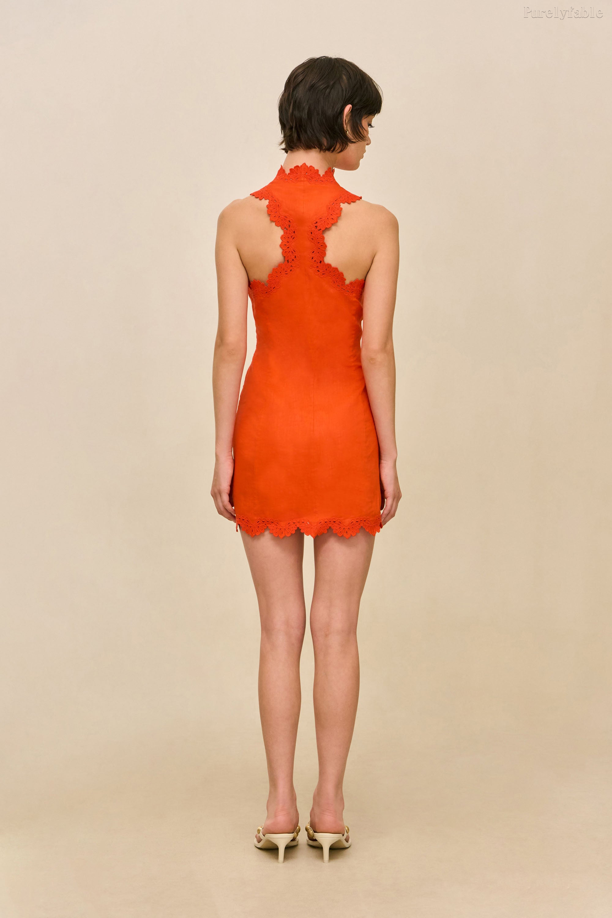 Elysse Orange Color Neckline Lace Tight-Fitting Short Dress