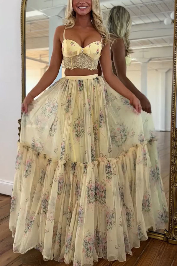 Aurora Apricot Chiffon Printed Half Skirt Two Piece Set