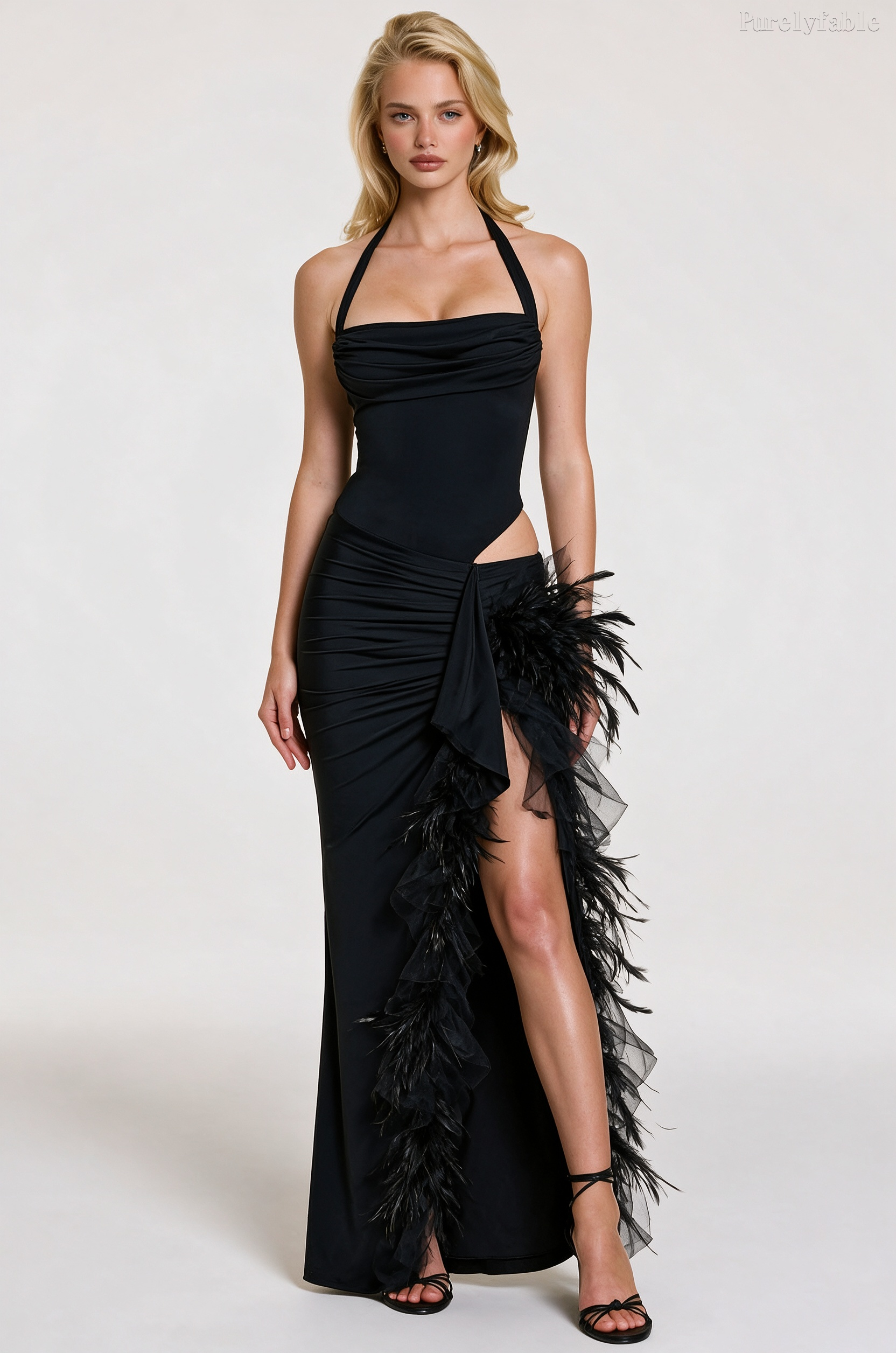 Adelina Black Hanging Neck Feather Banquet Dress
