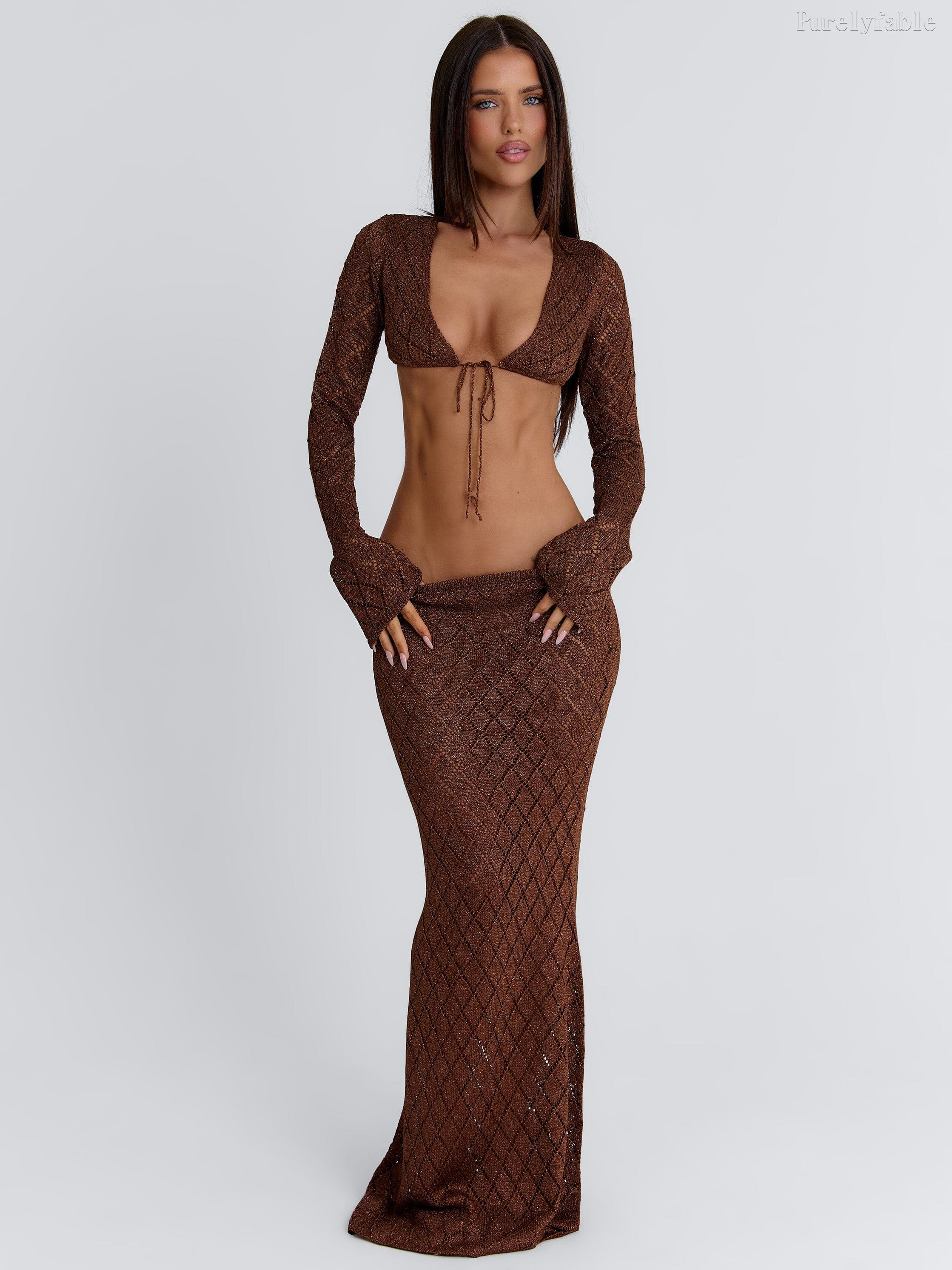 Araceli Brown V-Neck Crop Top and Skirt Two-Piece Set
