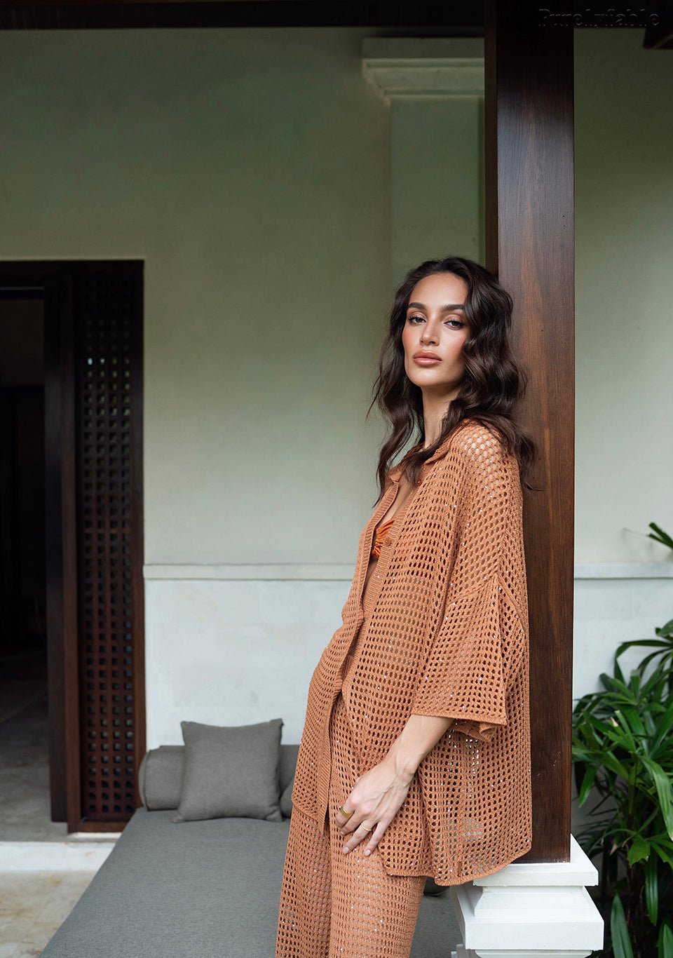 Emilia Brown Button-Down Long Pants Set