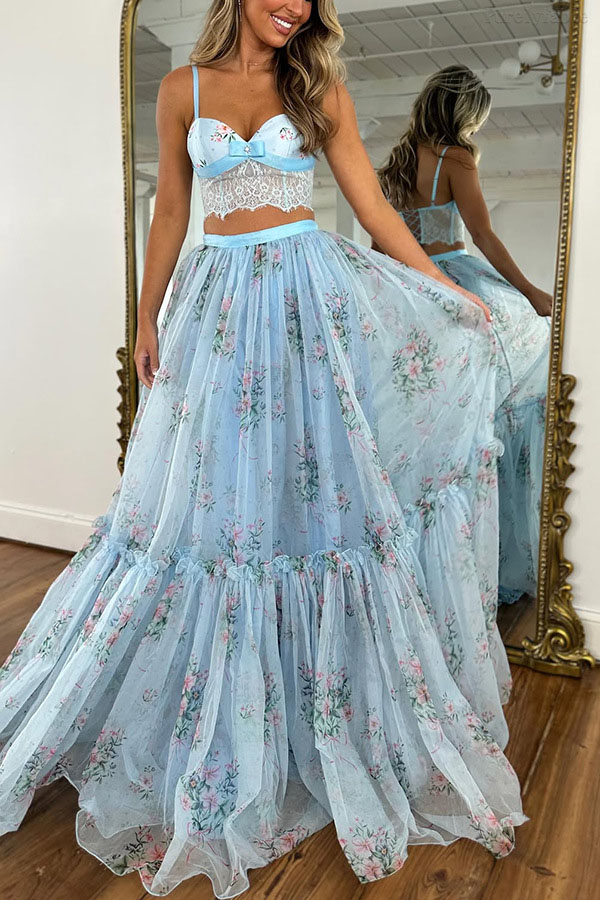 Aurora Apricot Chiffon Printed Half Skirt Two Piece Set