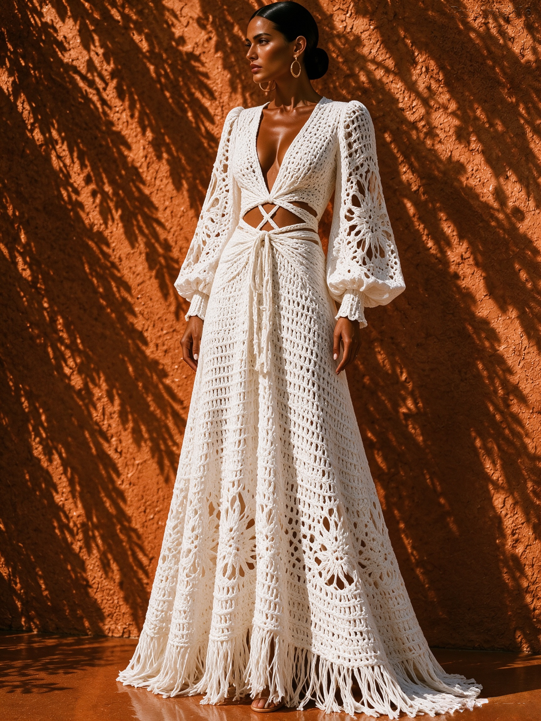 Elysia White Deep V Lantern Sleeve Long Dress