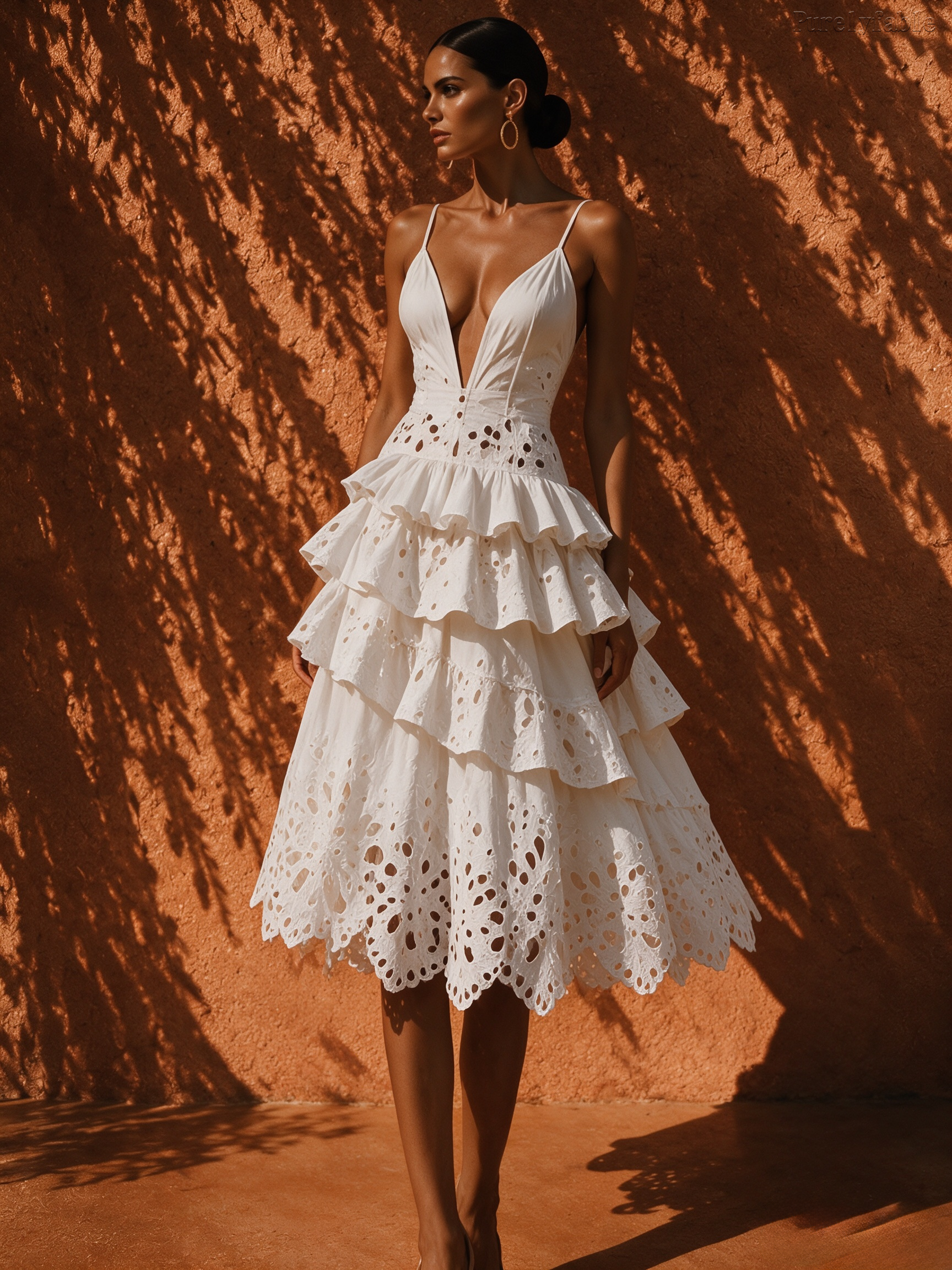 Elysia White Deep-V Multi-Layered Lotus Leaf Midi Dress