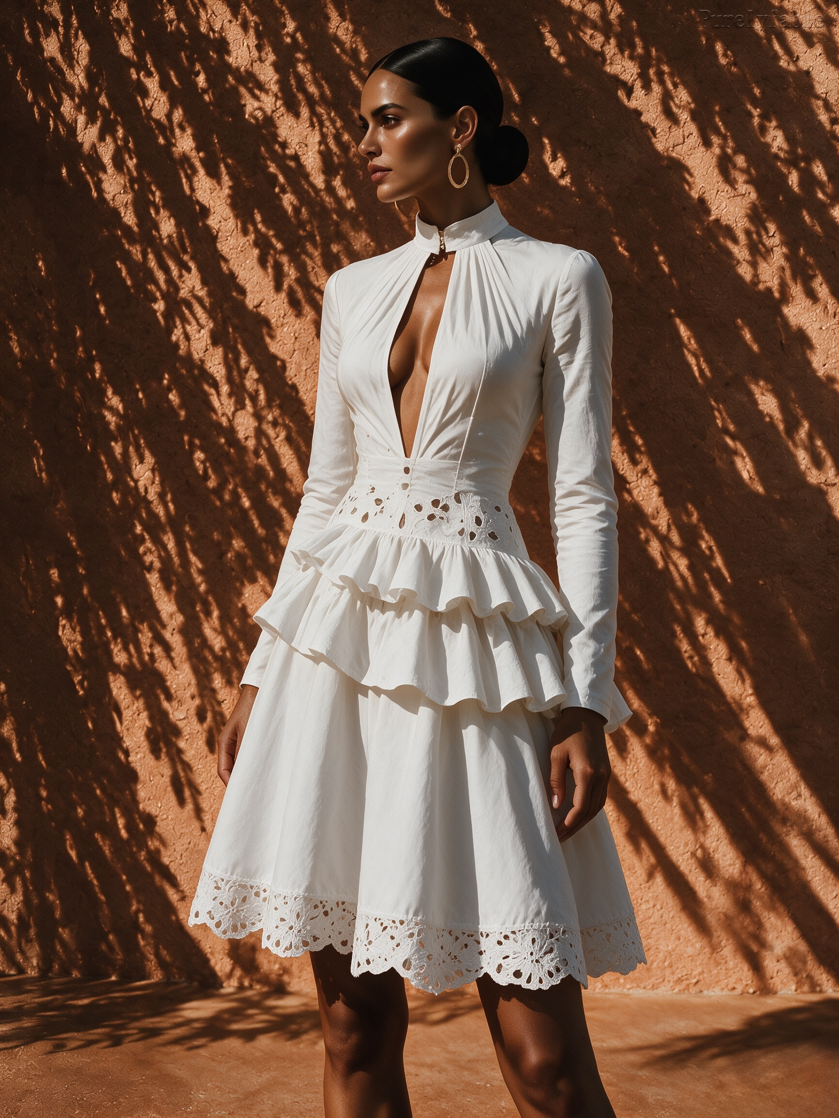 Elysia White Long-Sleeved Hollowed-Out Ruffle Midi Dress
