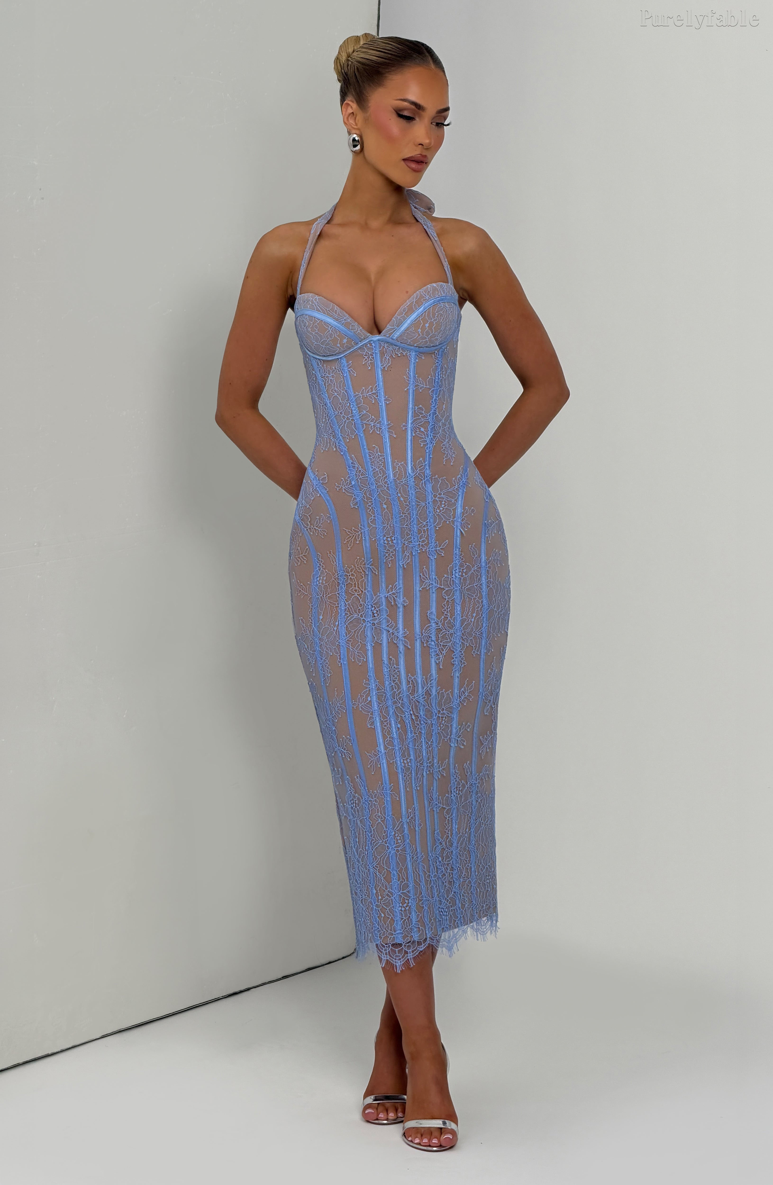 Alma Purple Thin-Strap Lace Corset Midi Gown