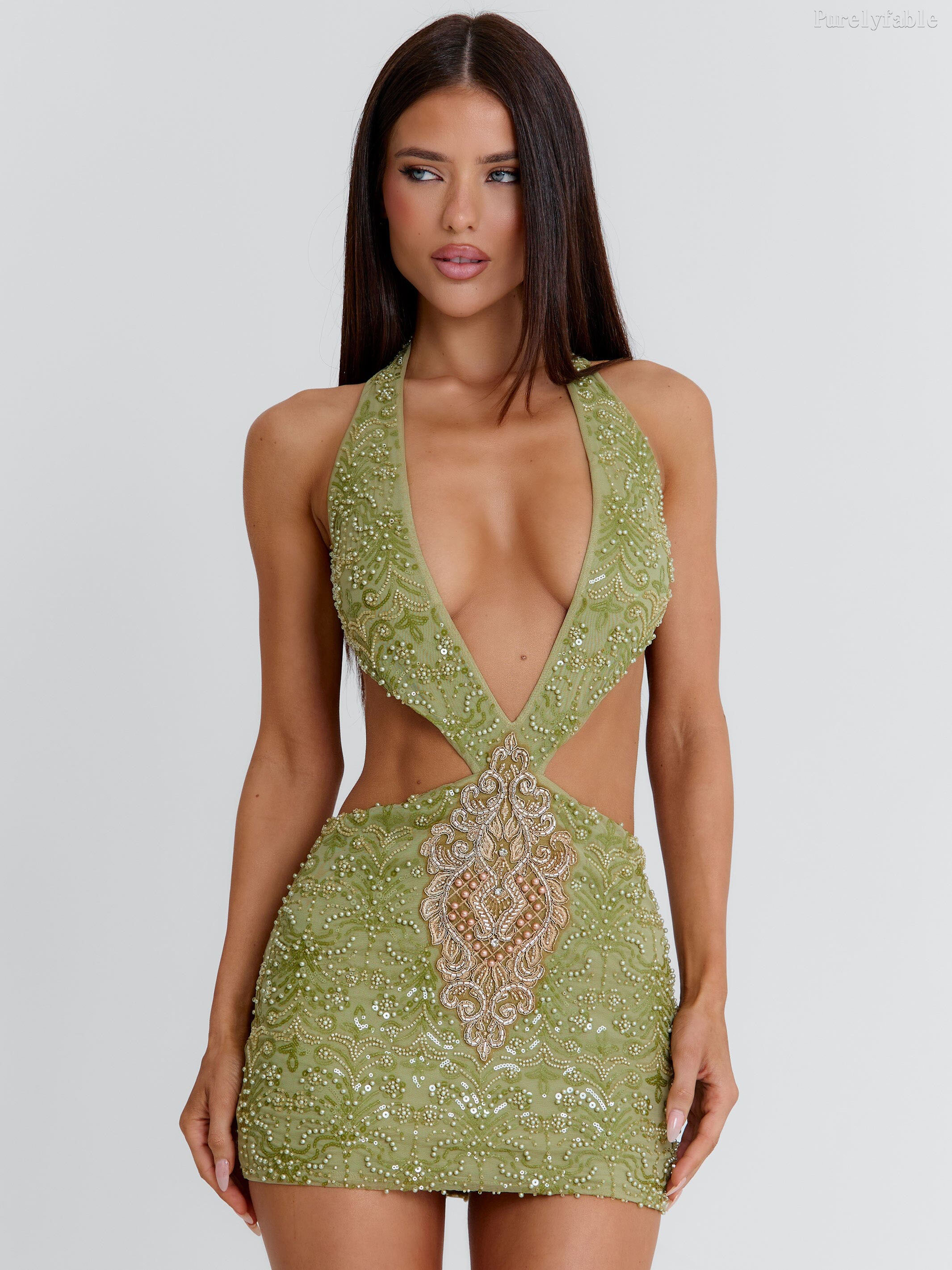 Eloise Green Halter-Neck Cut-Out Mini Dress
