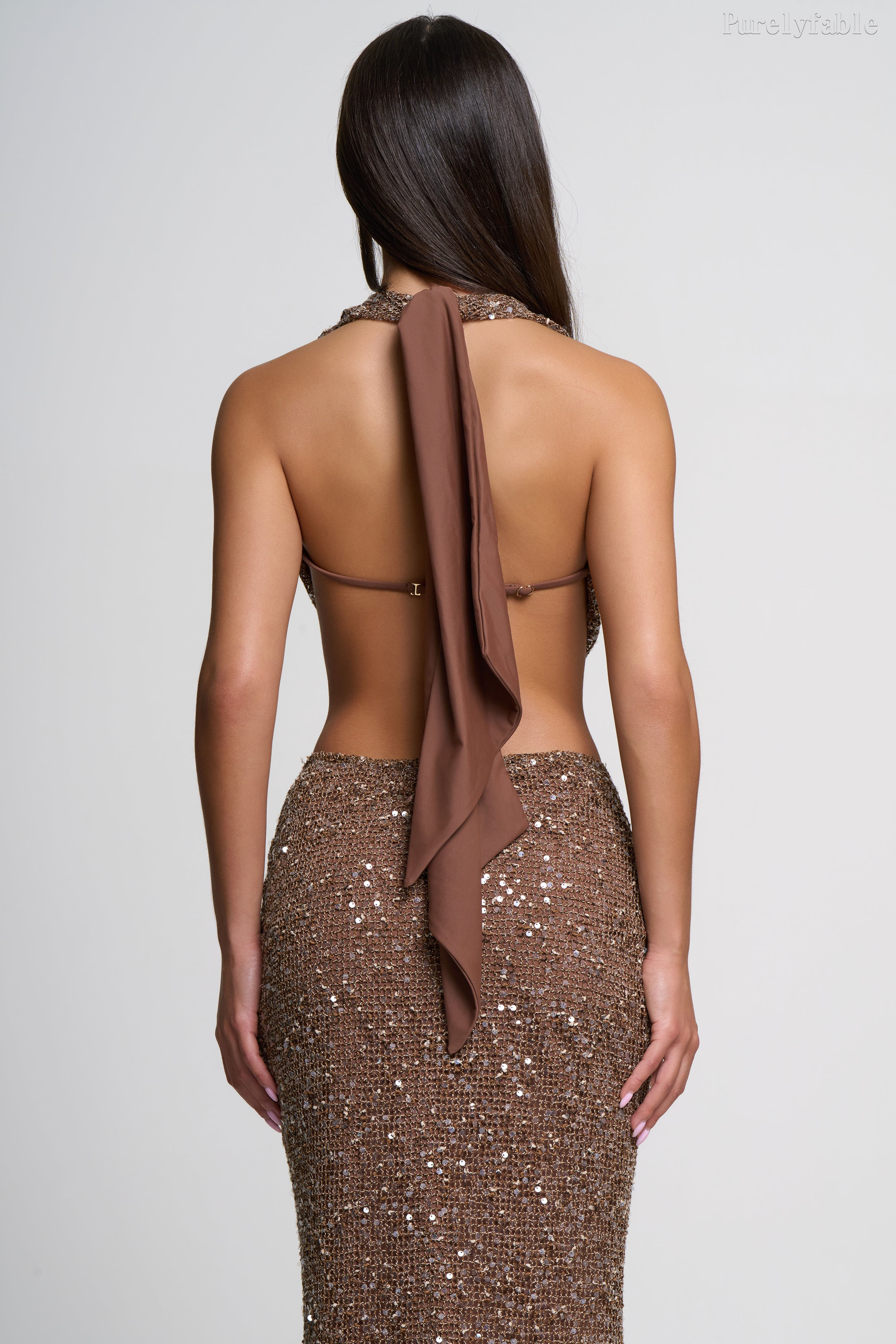 Sabina Brown Swinging Collar Sparkling Half Skirt Two Piece Set