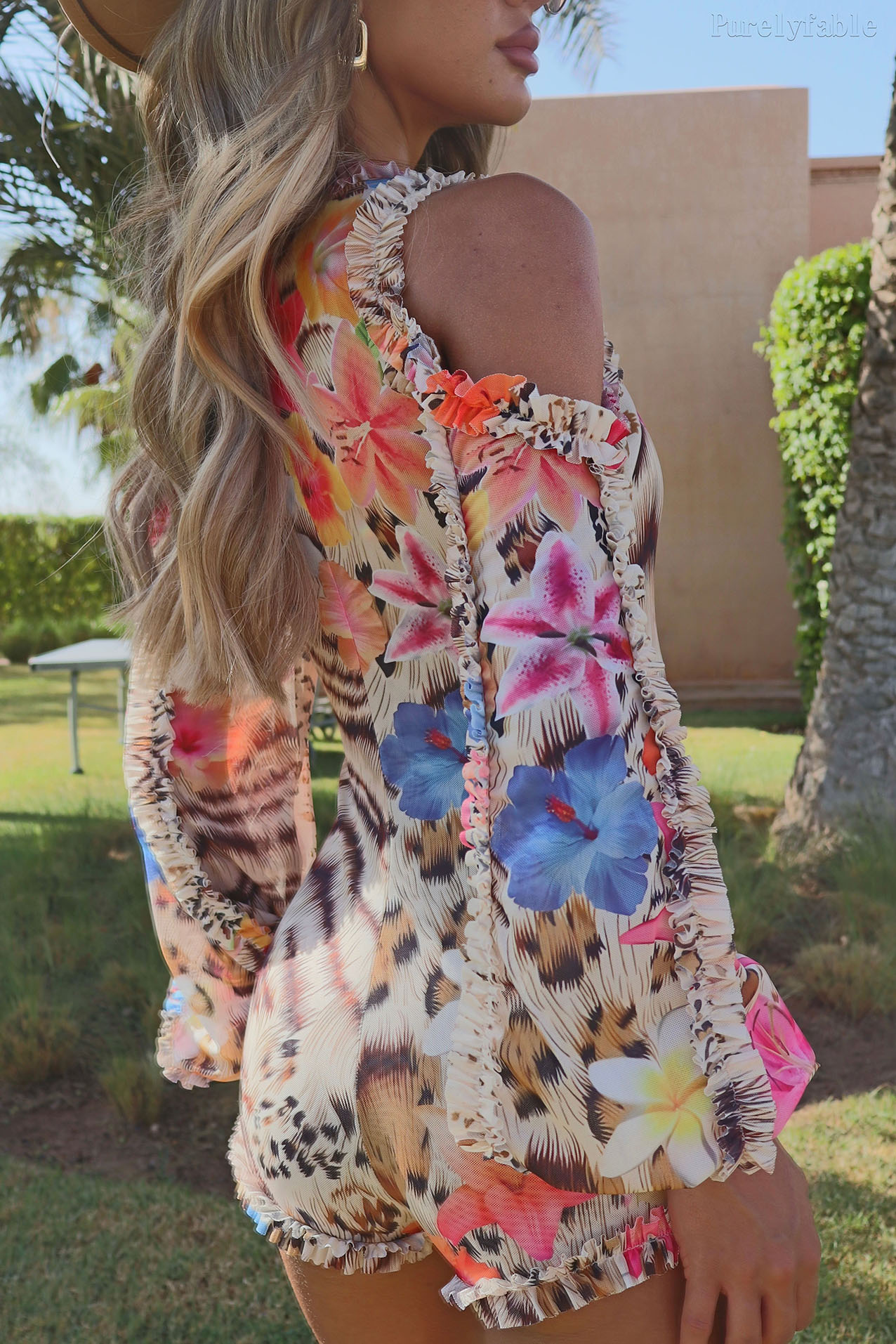 Zuri Color Printed Off Shoulder Jumpsuit Shorts