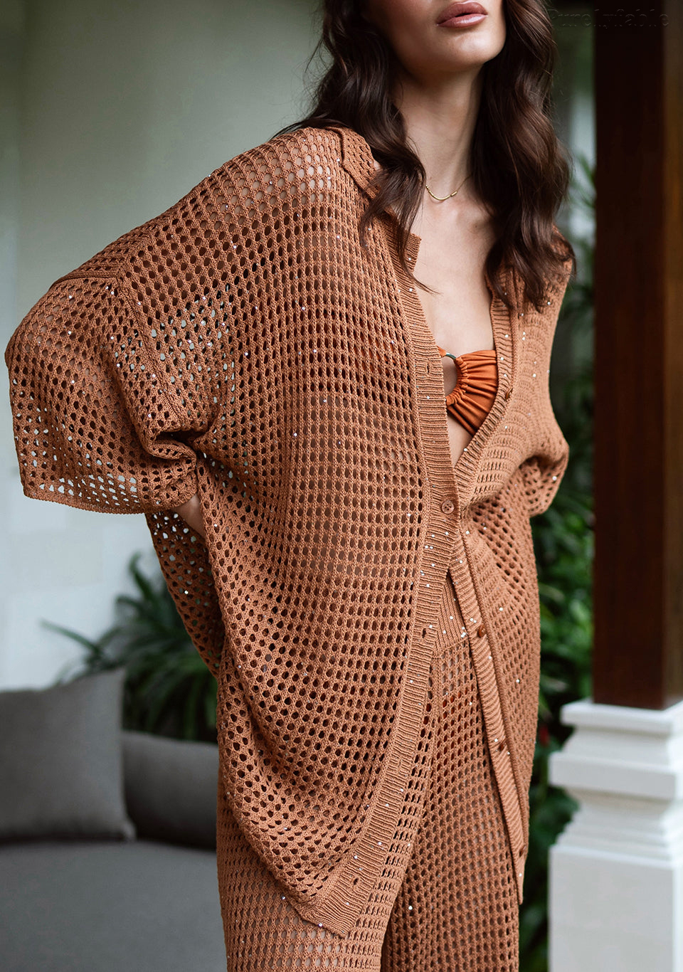 Emilia Brown Button-Down Long Pants Set