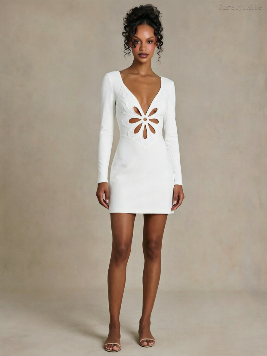 Ines White Long-Sleeved Floral Open-Weave Short Dress