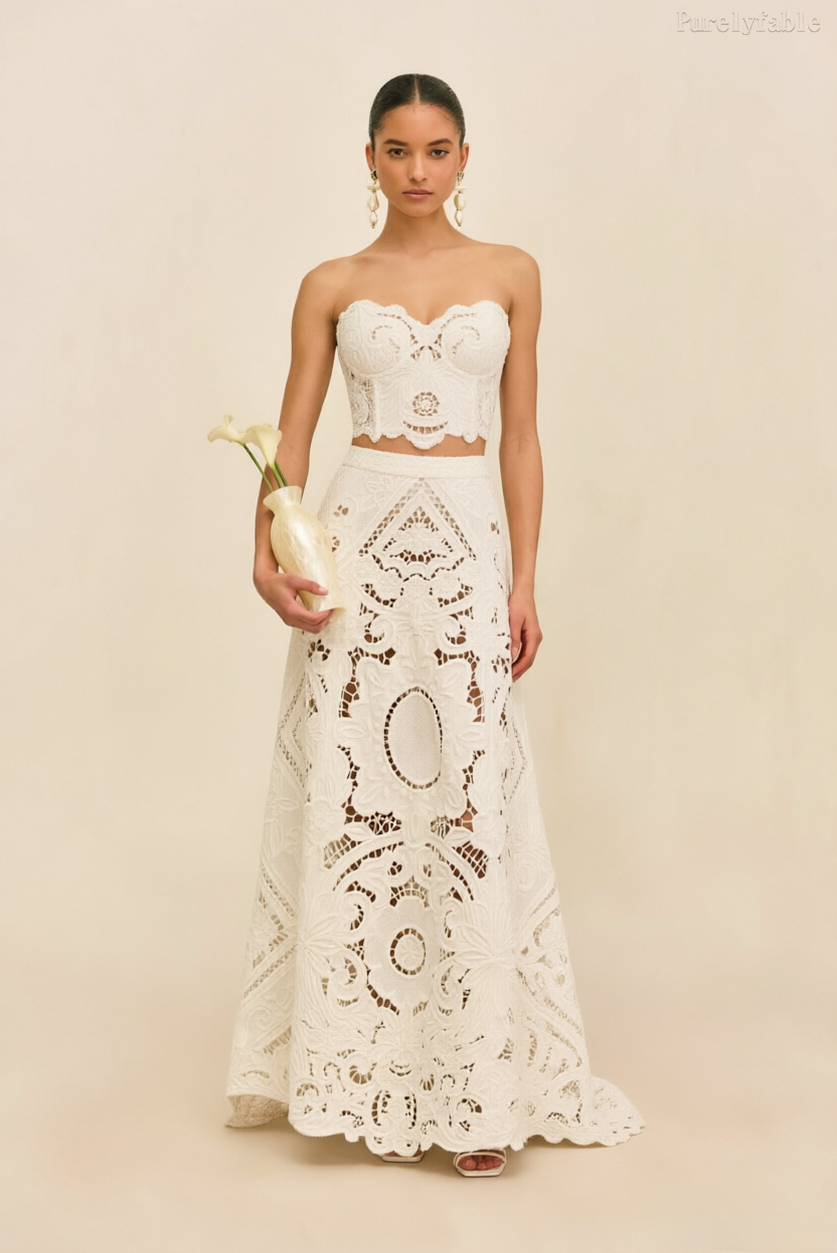 Kamila White Strapless Lace Open-Back Dress Set