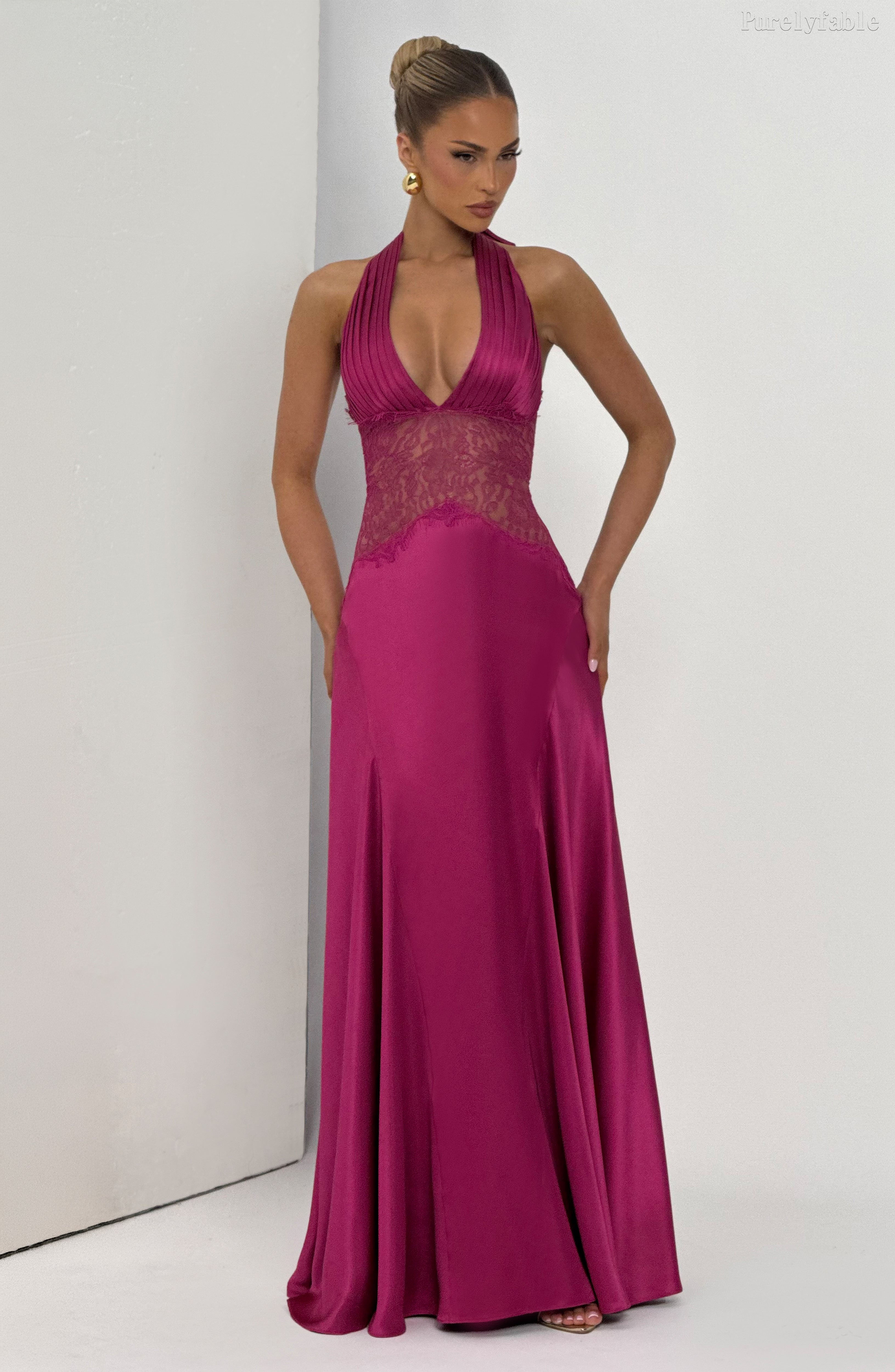 Audrey Fuchsia Halter Deep-V Satin Maxi Gown with Lace Waist Detail
