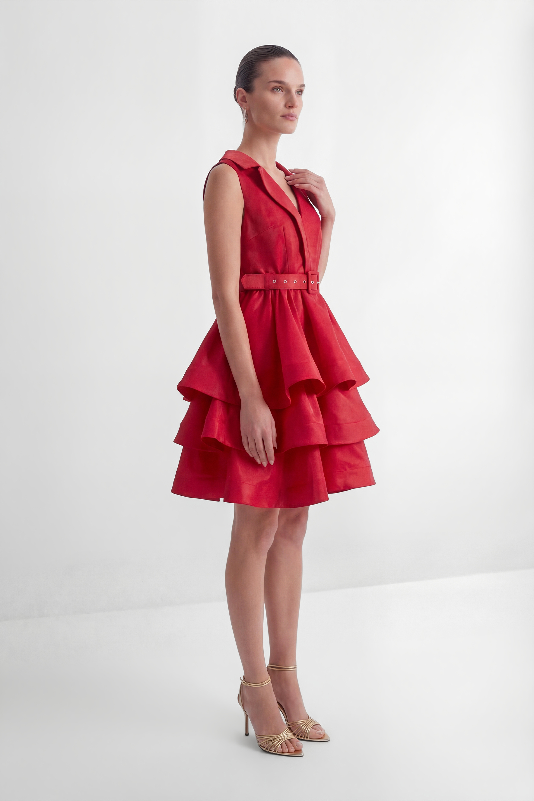 Stars Are Shining Red V-neck Tiered Ruffle Mini Dress-purelyfable