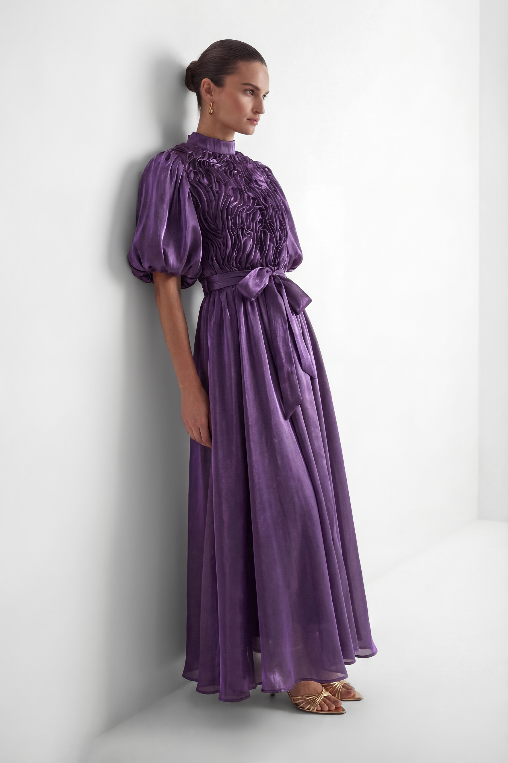 Graceful Darling Purple Ruffled Bodice Puff Sleeve Maxi Dress-purelyfable