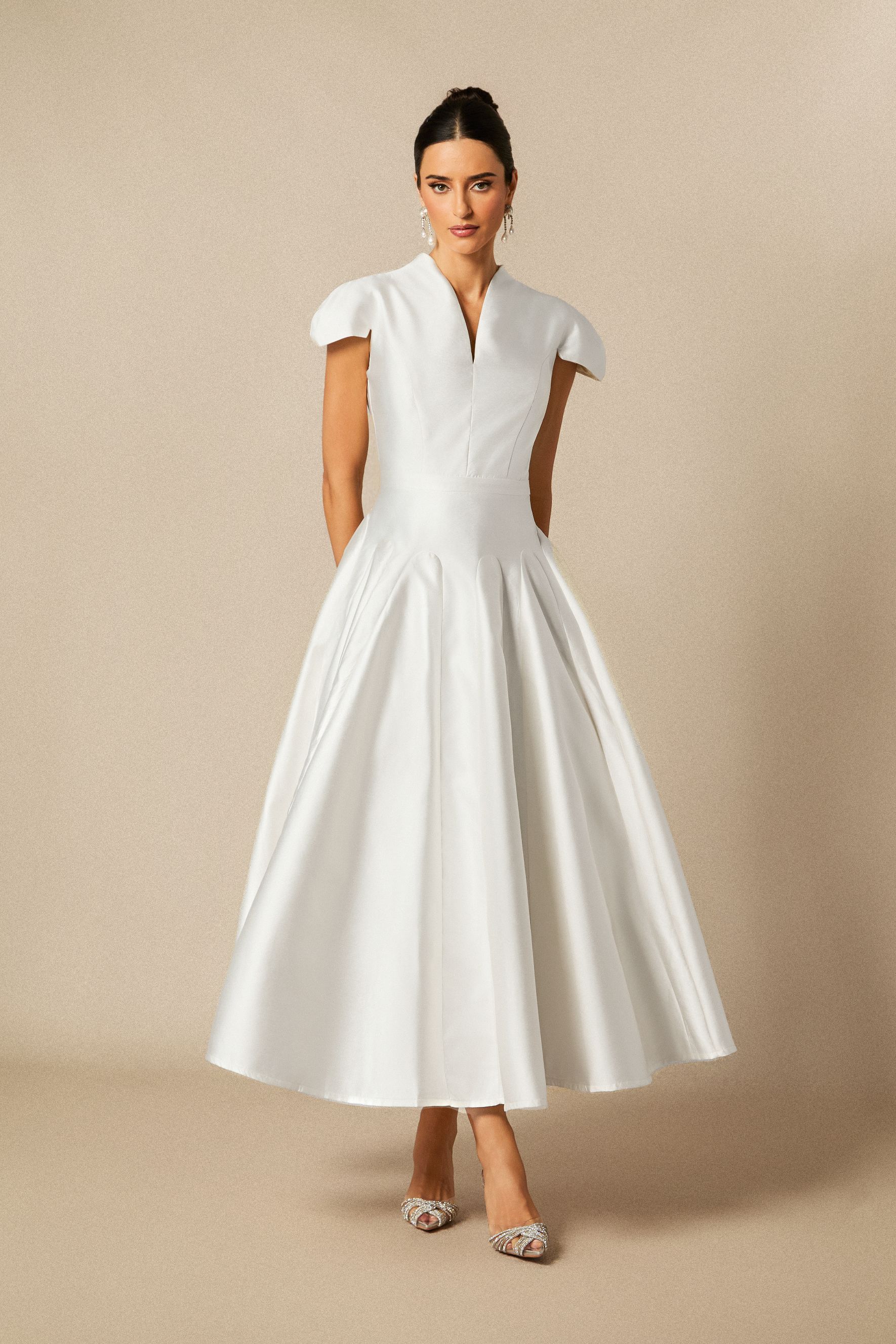 Tiana Cap Sleeve V-Neck Satin Midi Dress-purelyfable