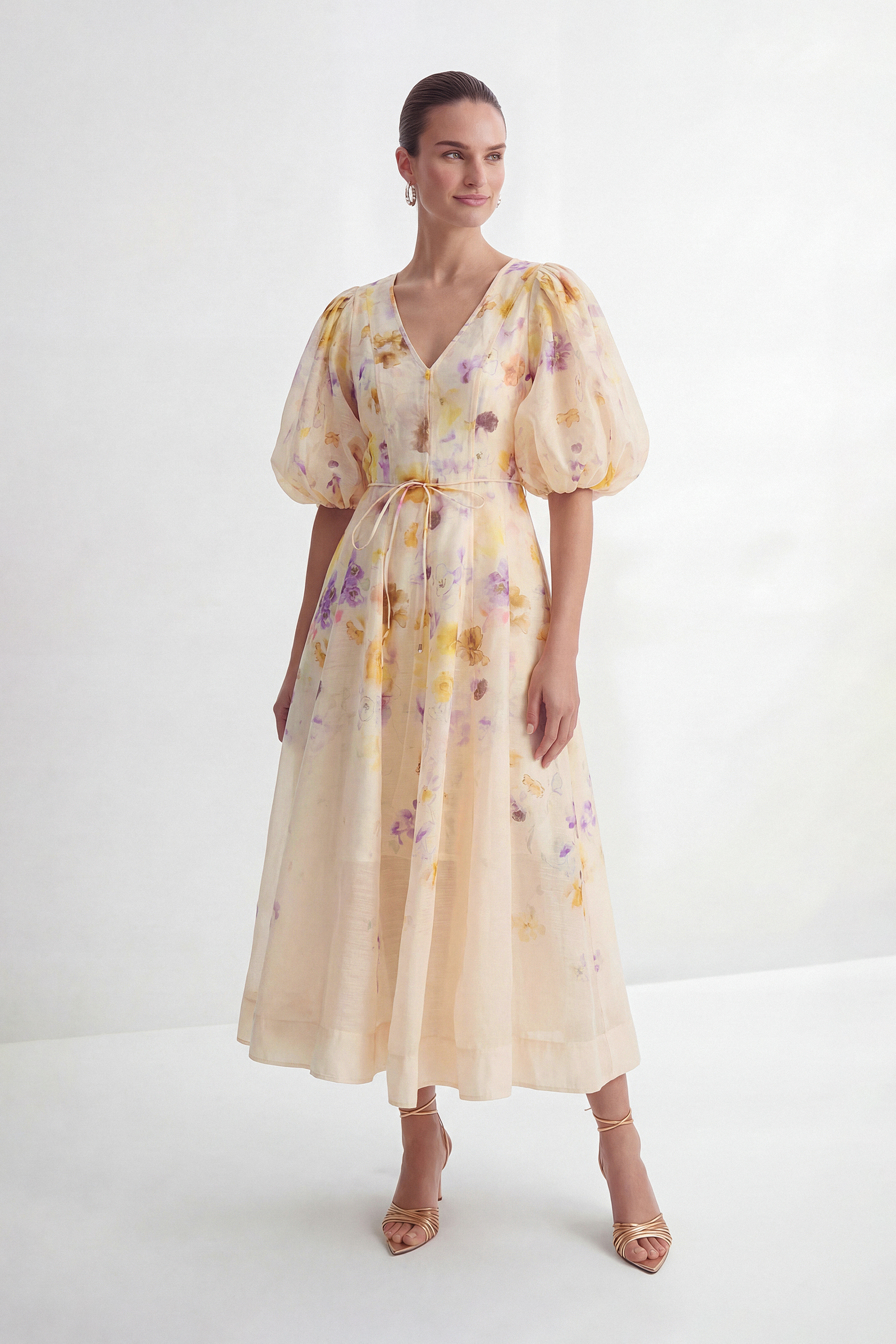 Summer Invite Apricot Floral Print Puff Sleeve Maxi Dress-purelyfable