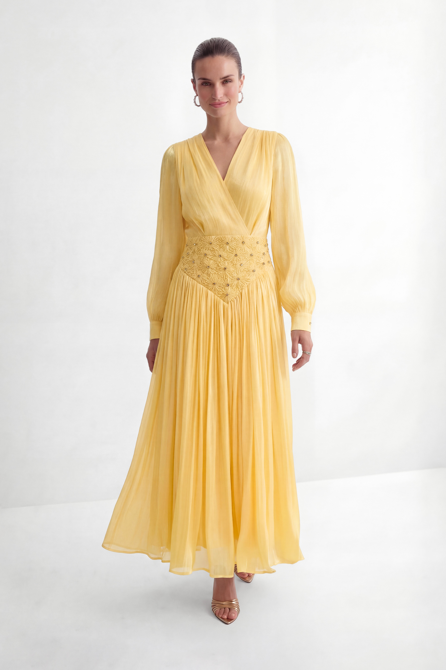 Exceptionally Pristine Yellow Beaded Embroidered V-Neck Maxi Dress-purelyfable
