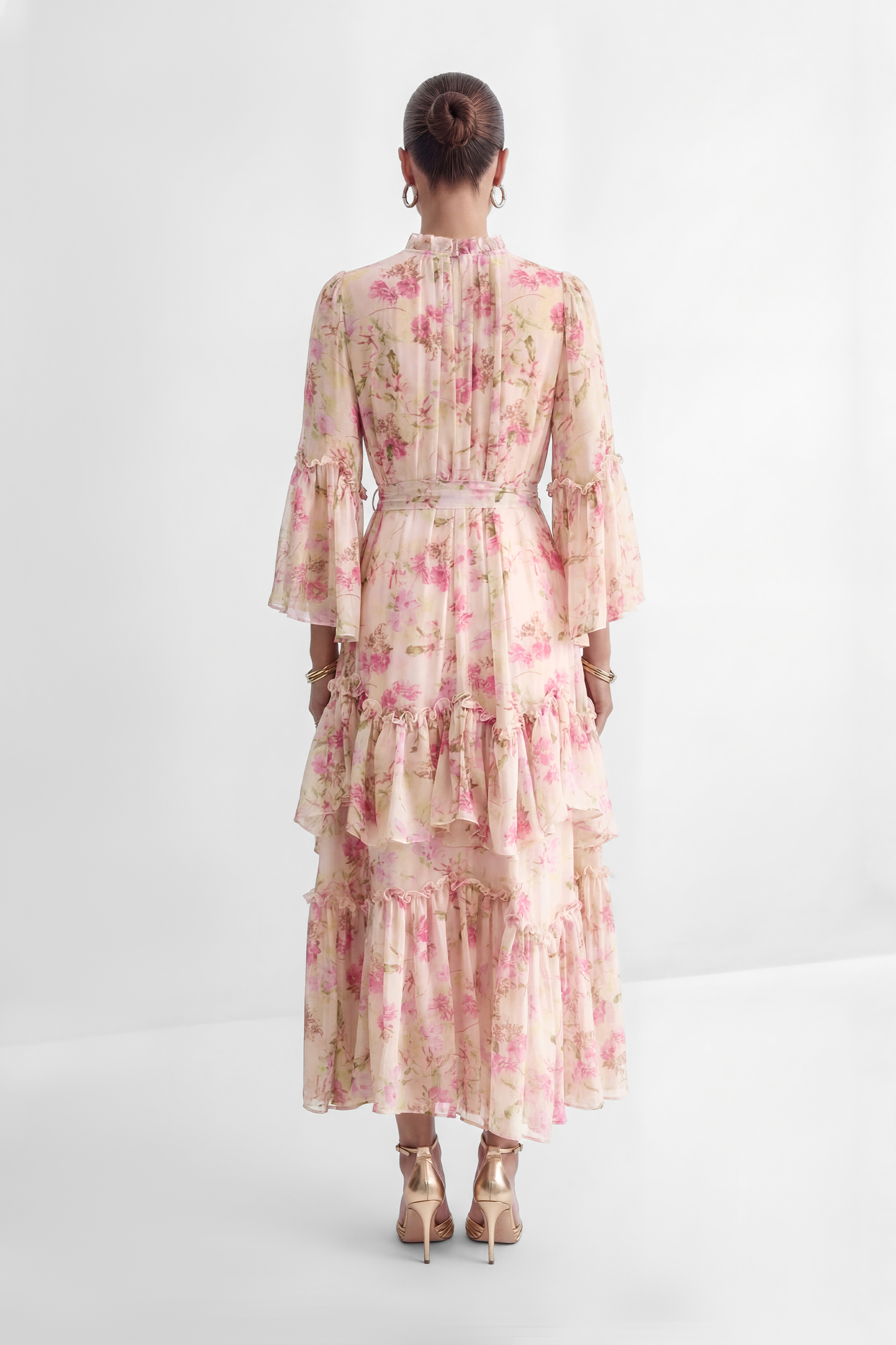 Dreamy Occasions Pink Floral Print Tiered Ruffle Maxi Dress-purelyfable