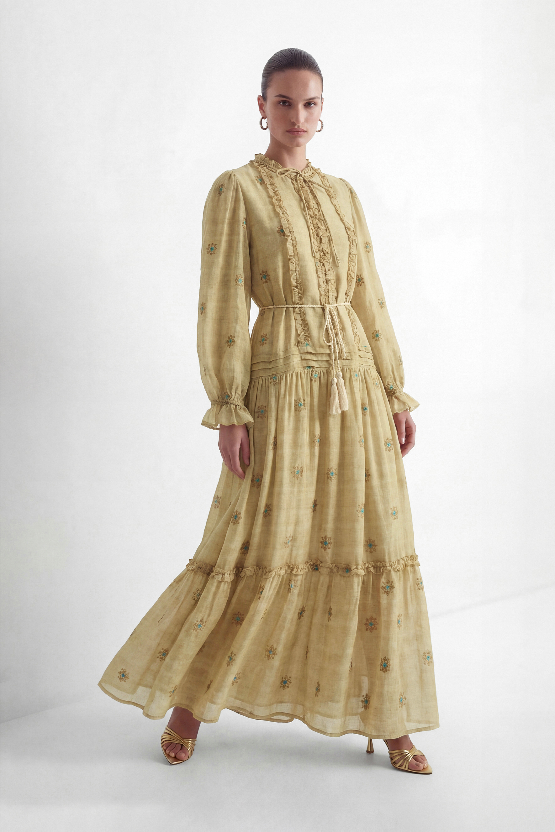 Romantic Affair Khaki Embroidered Floral Tiered Maxi Dress-purelyfable