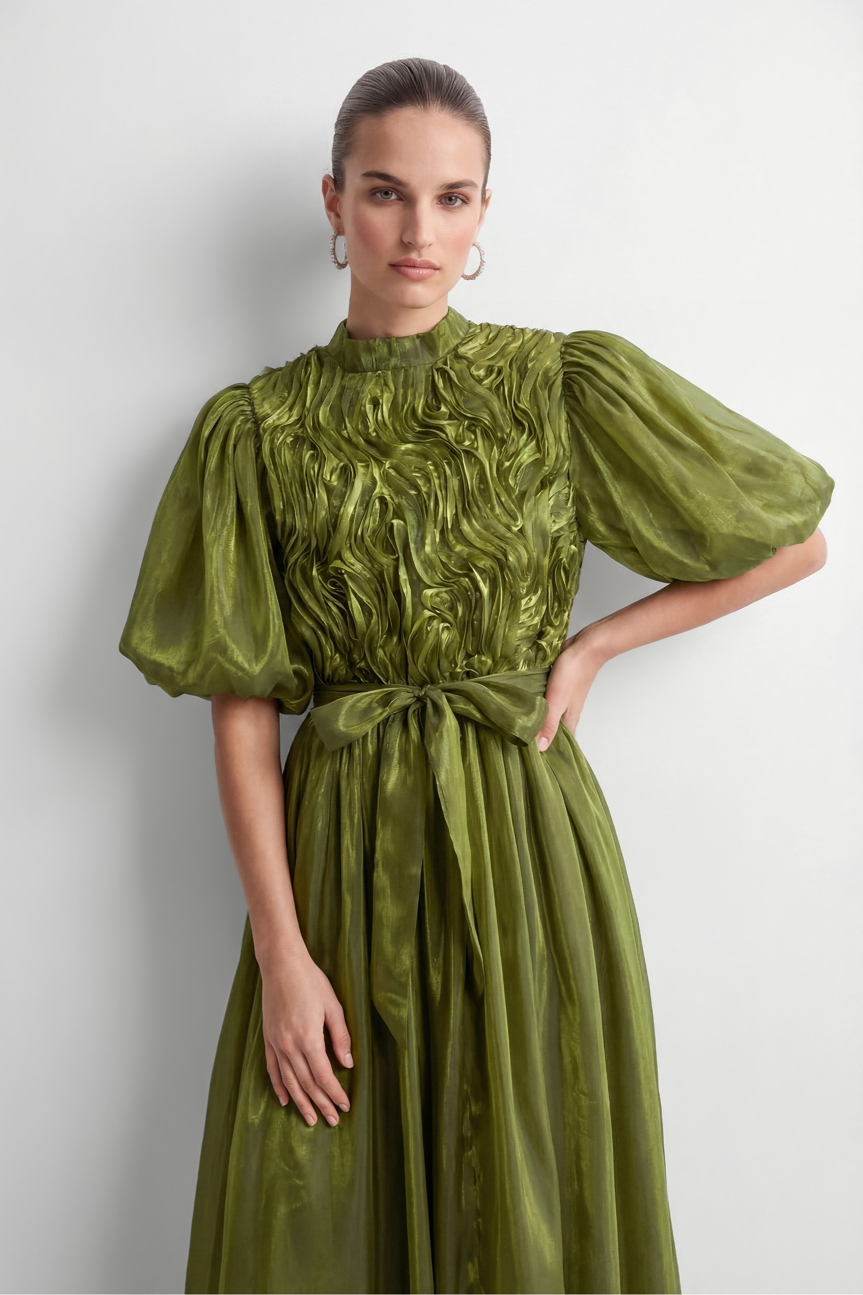 Graceful Darling Green Ruffled Bodice Puff Sleeve Maxi Dress-purelyfable
