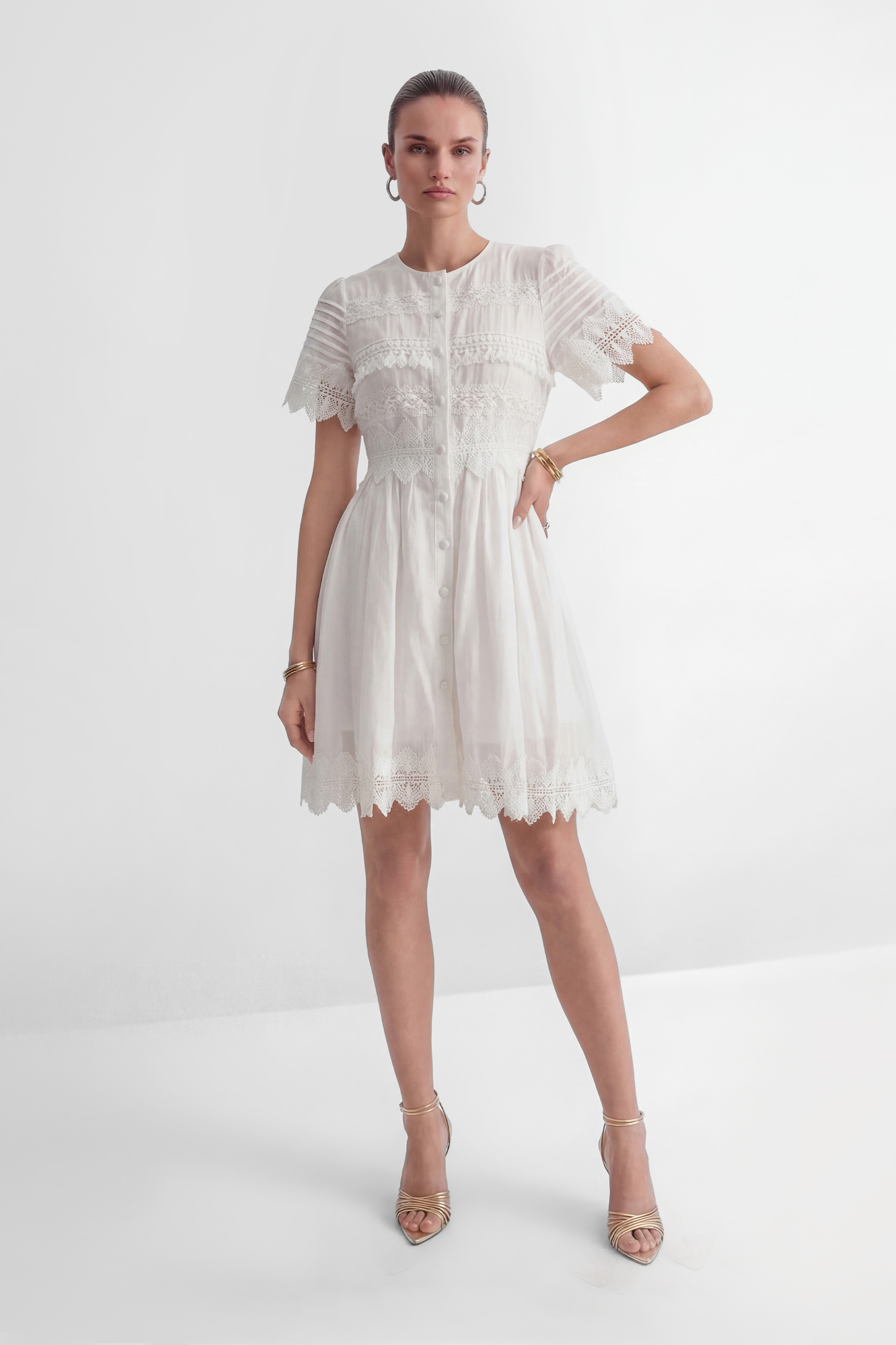 City Of Angels White Lace Embellished Short Sleeve Mini Dress-purelyfable