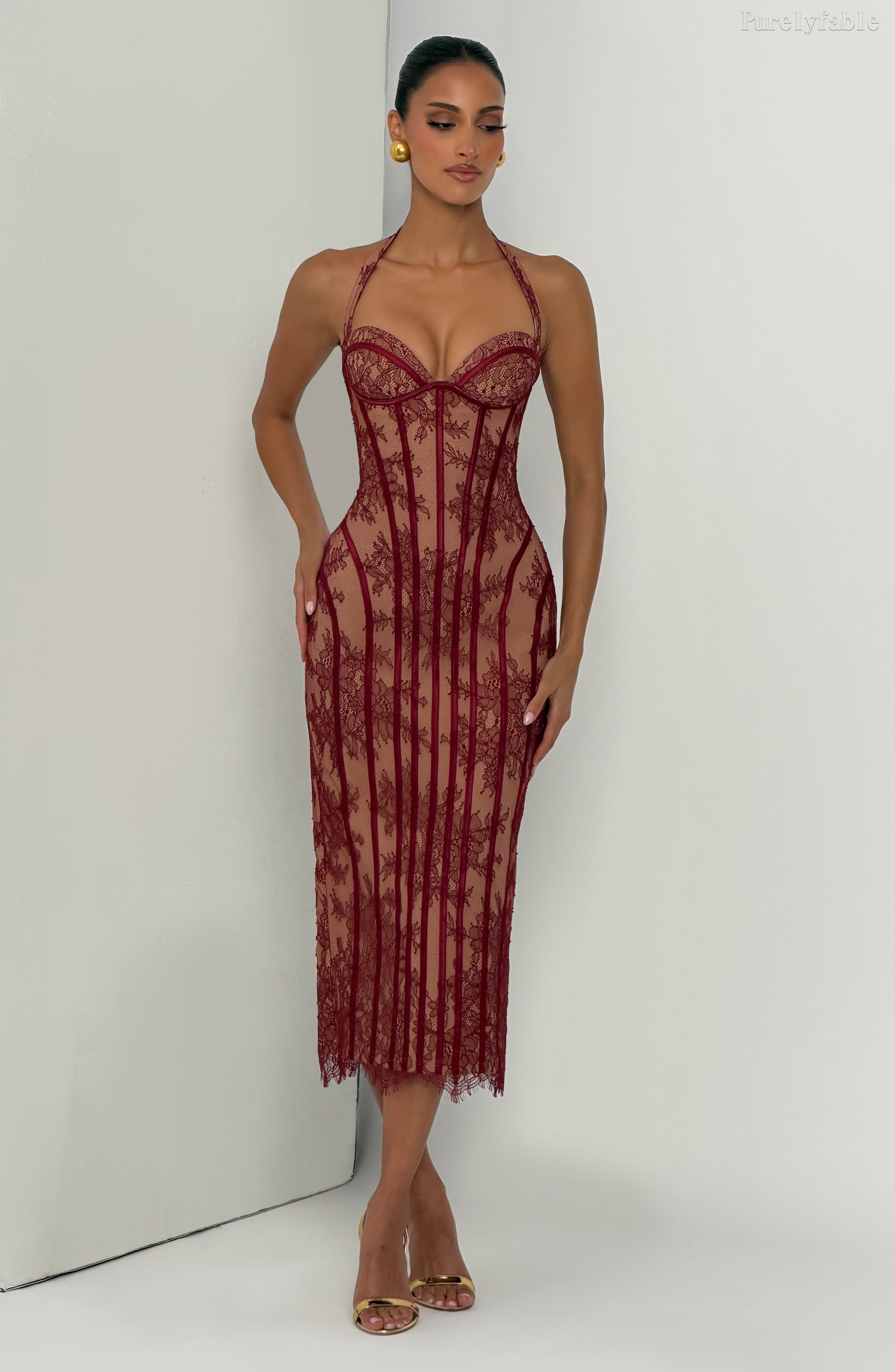 Esme Burgundy Halter Lace Corset High-Slit Maxi Gown