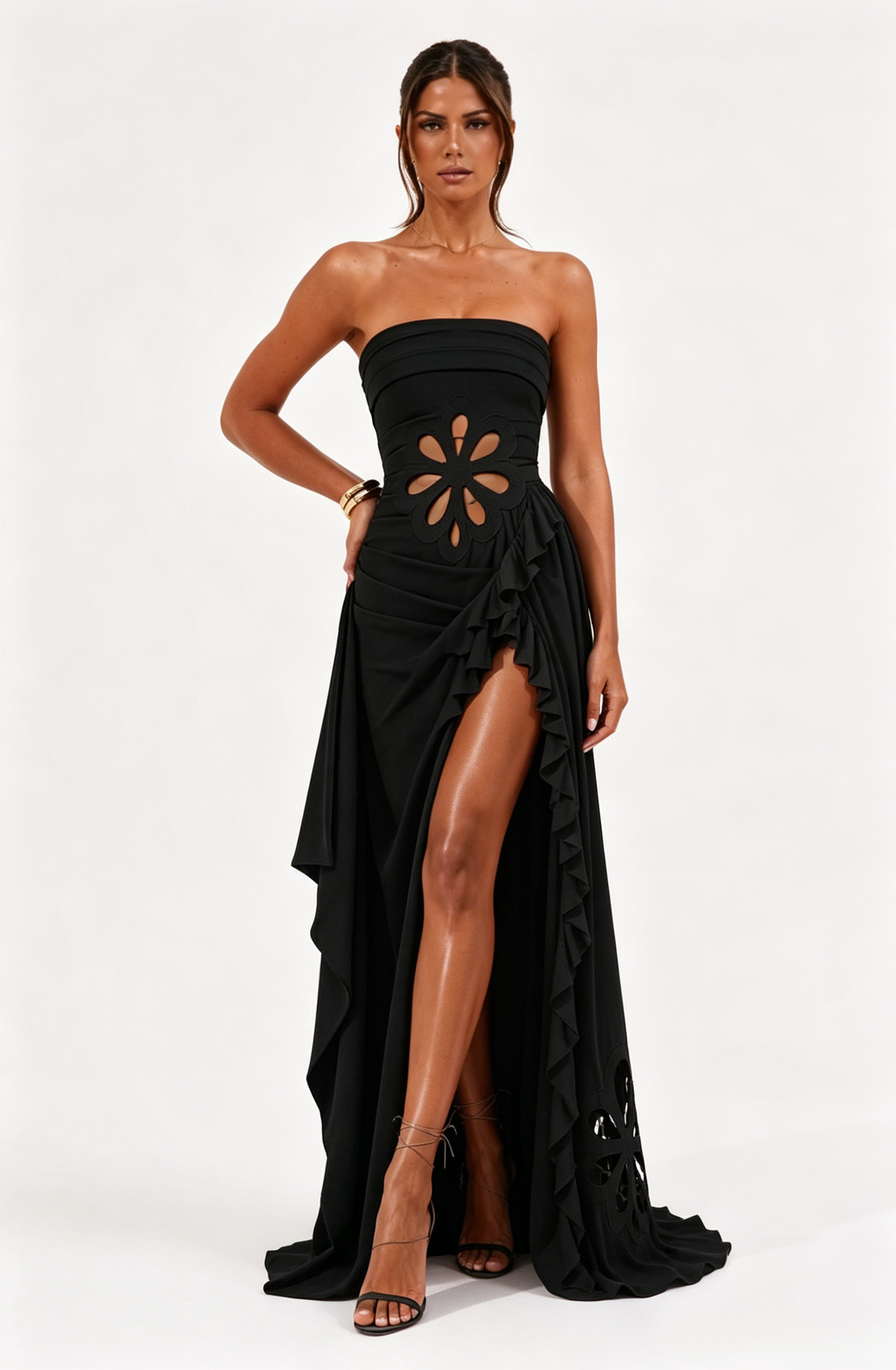 Bianca Black Strapless Cutout Ruffled Maxi Dress