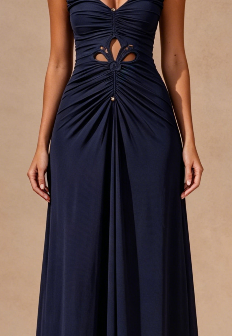Celia Blue V-Neck Ruched Maxi Dress