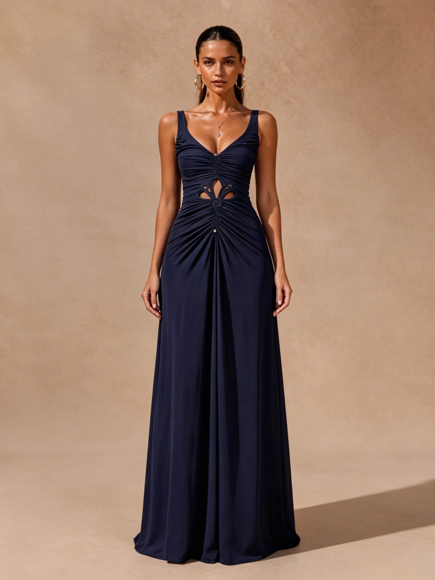 Celia Blue V-Neck Ruched Maxi Dress
