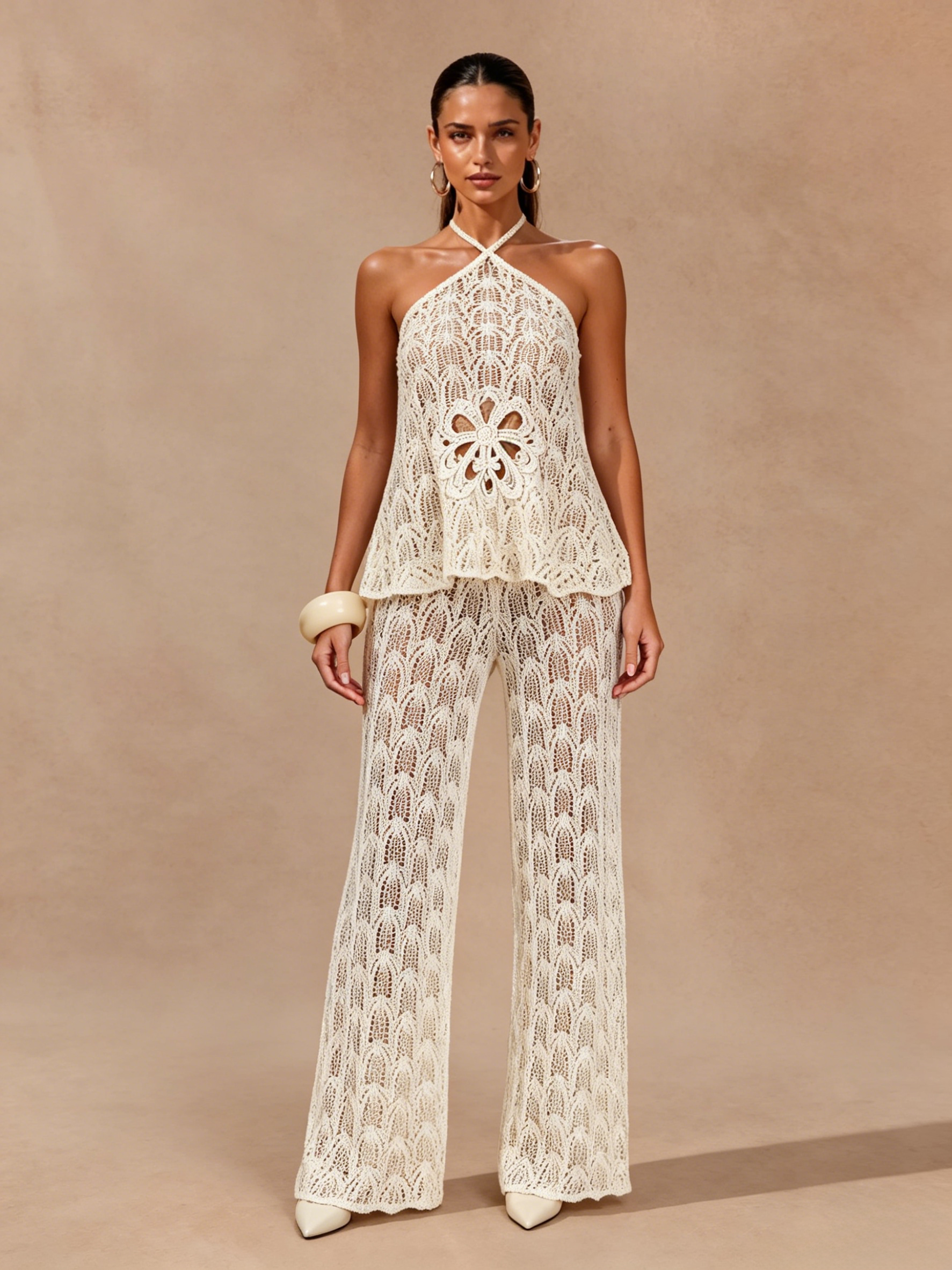 Celia White Crochet Cutout Two-Piece Set