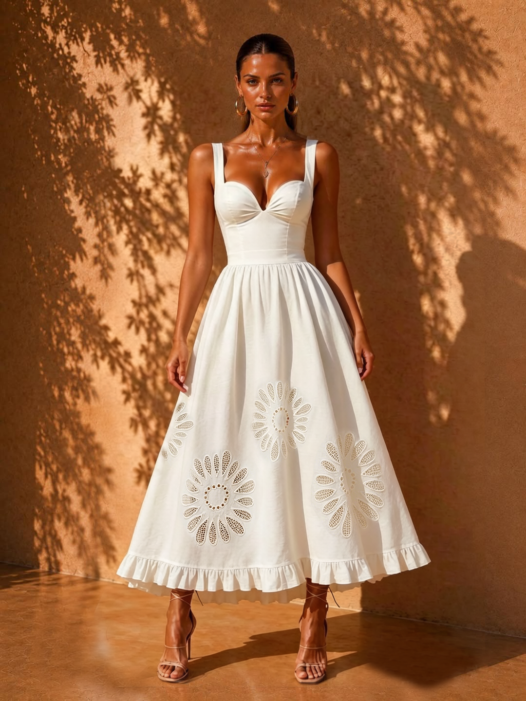 Celia White Openwork Ruffled Midi Skirt