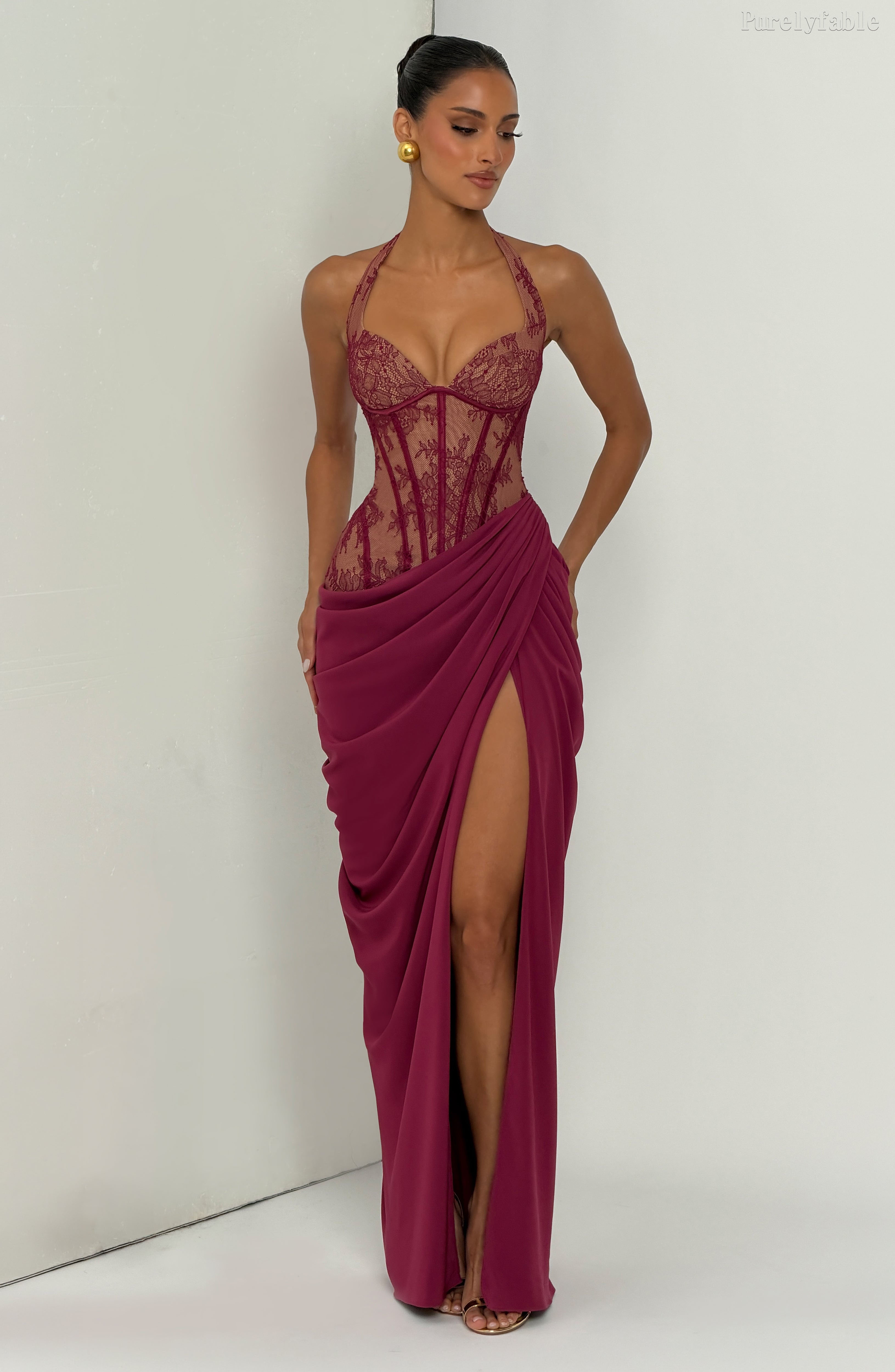 Esme Burgundy Halter Lace Corset High-Slit Maxi Gown