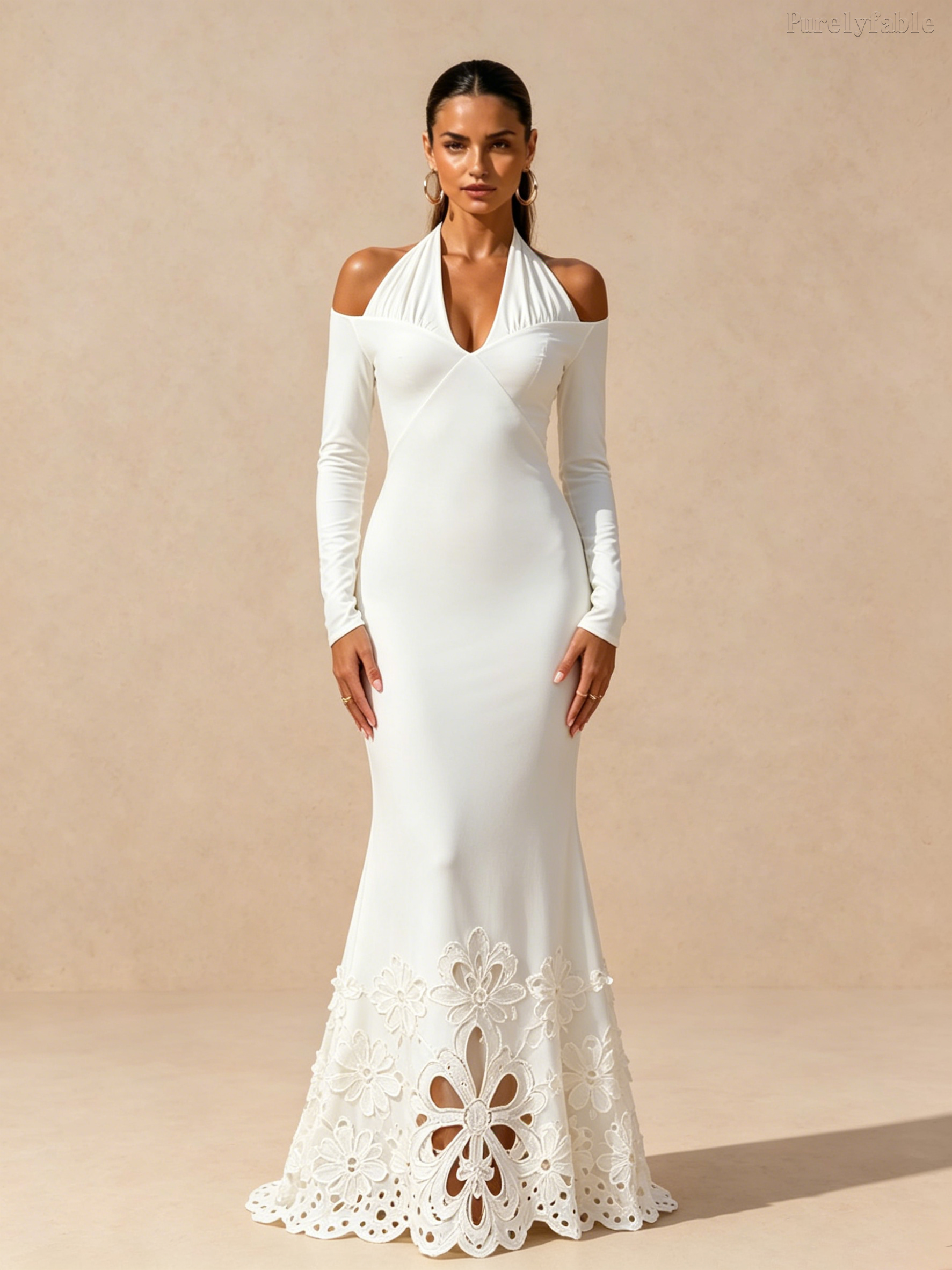 Elora White Halter-Neck Lace Maxi Dress