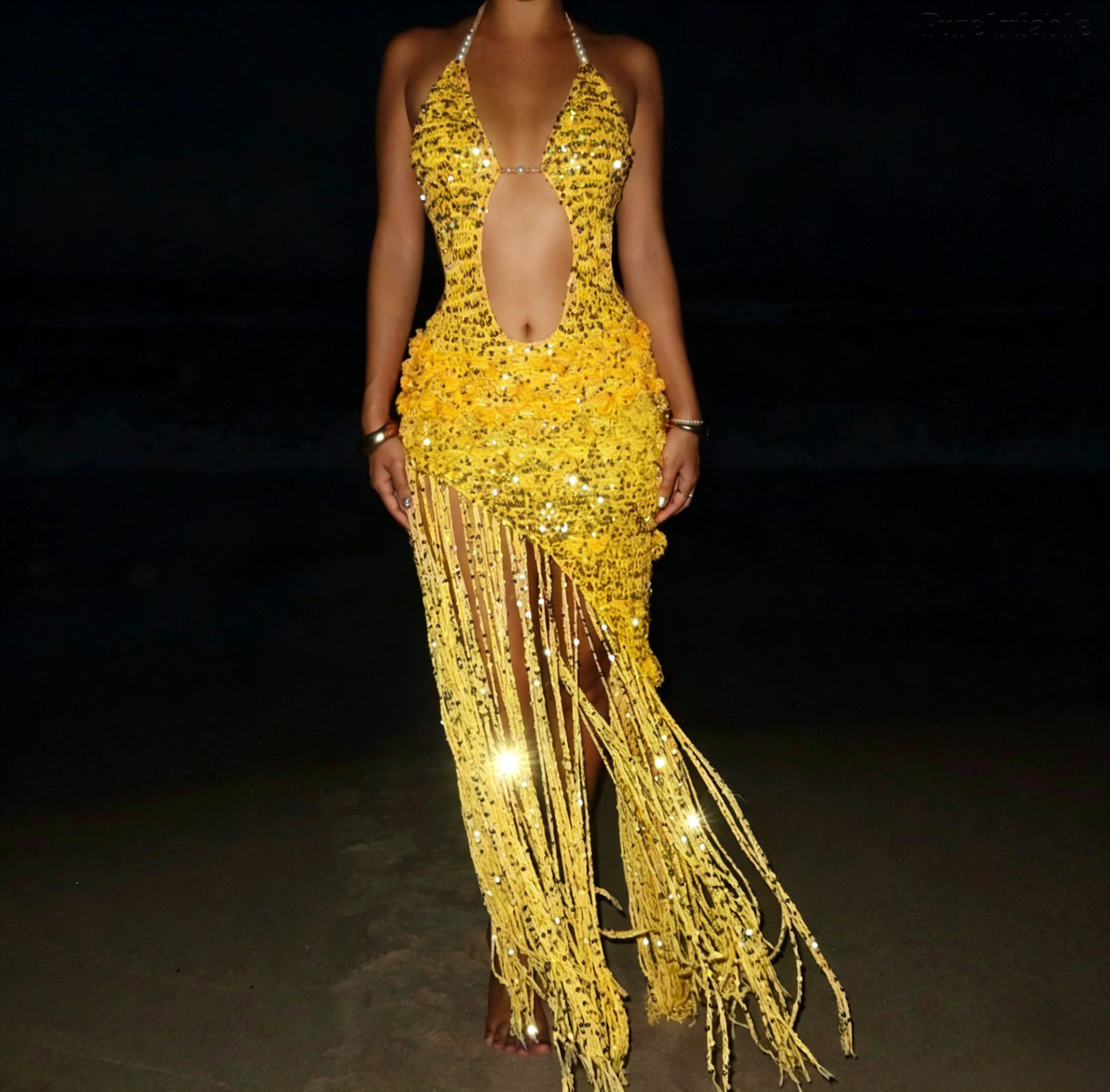 Halle Sequined Halter Dress with Tiered Fringe