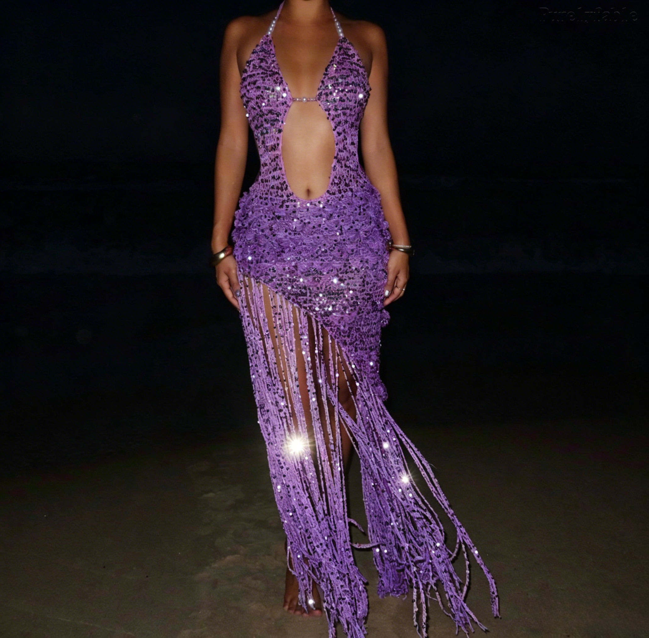 Halle Sequined Halter Dress with Tiered Fringe