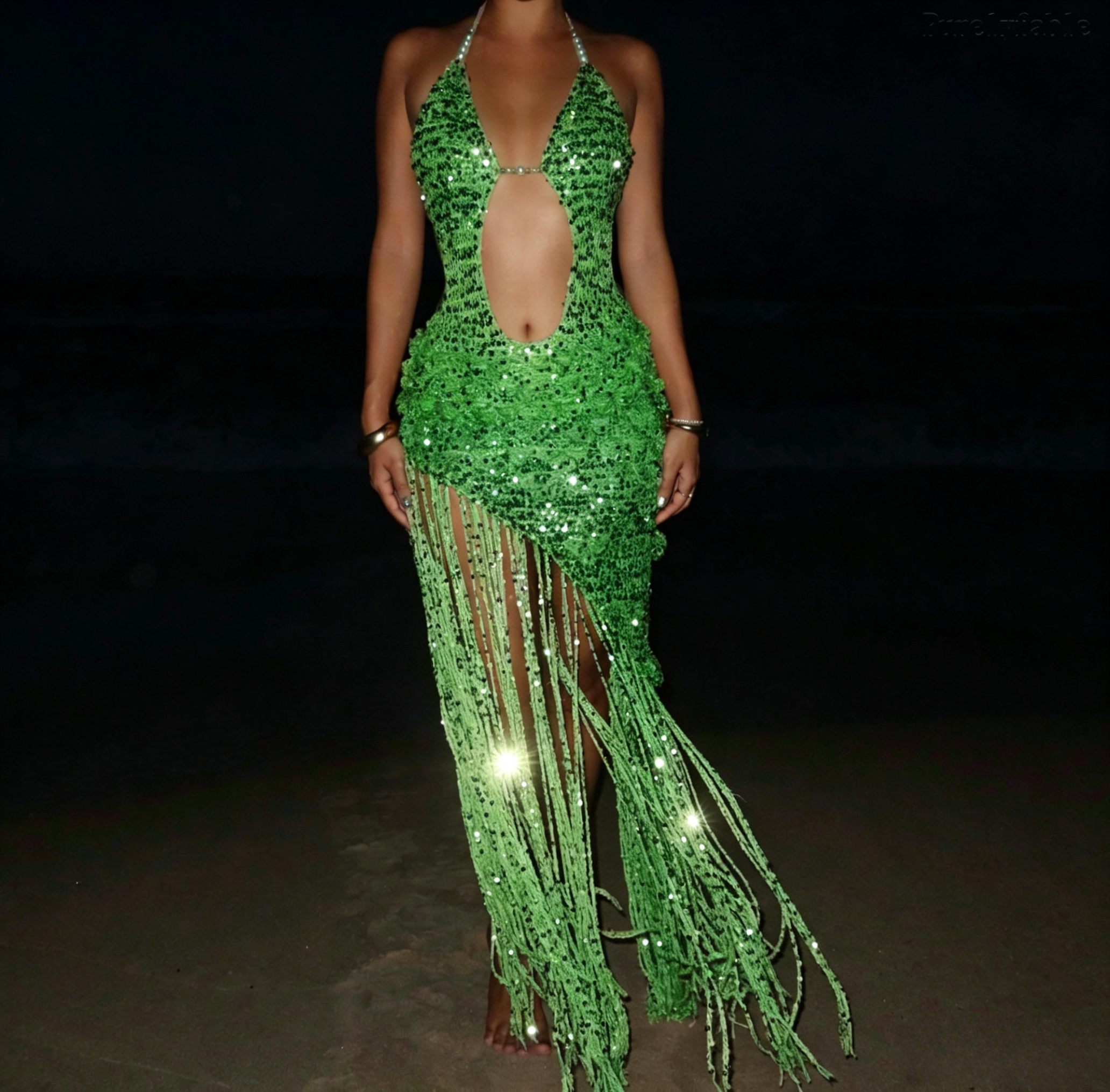 Halle Sequined Halter Dress with Tiered Fringe