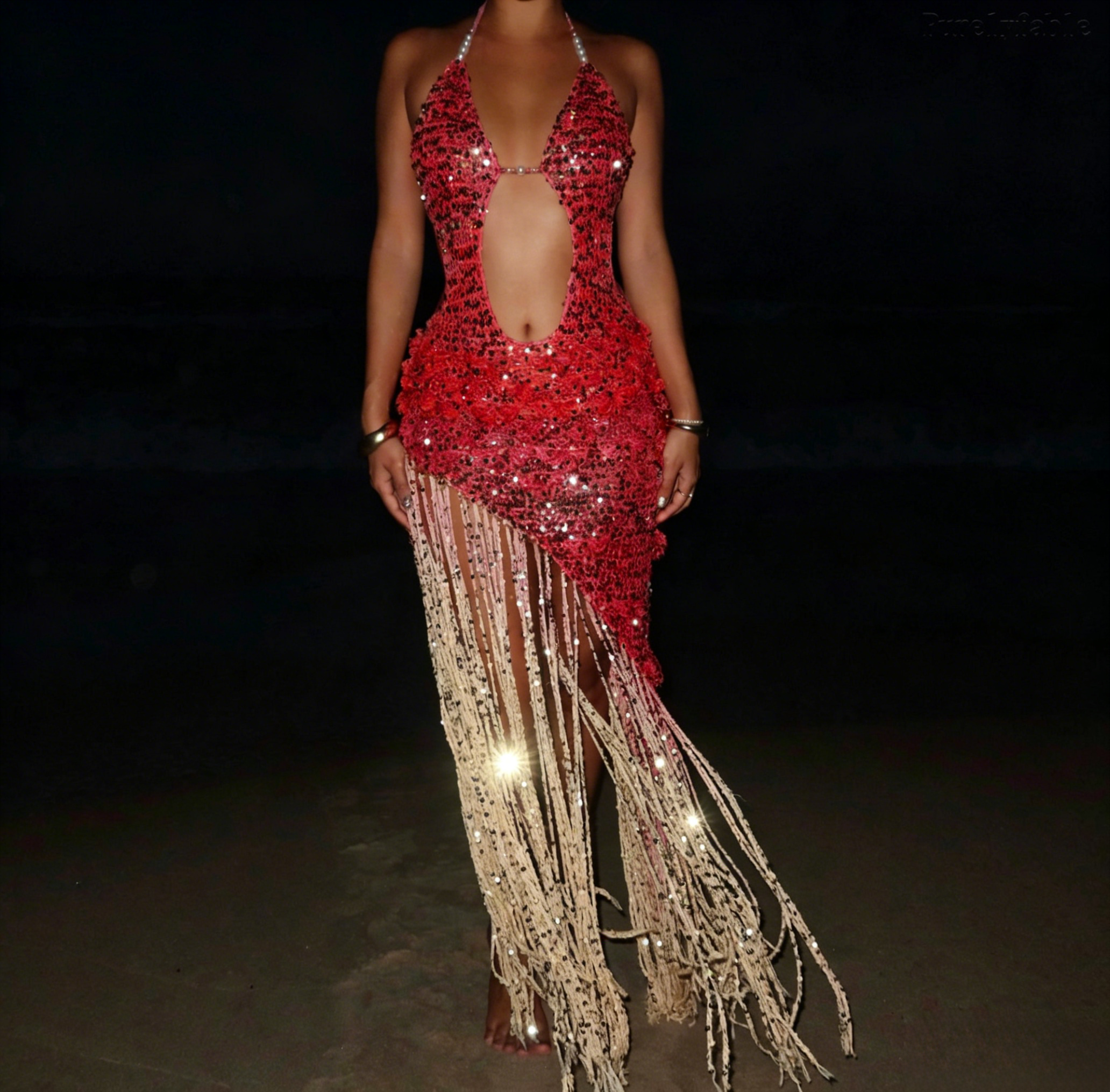 Halle Sequined Halter Dress with Tiered Fringe