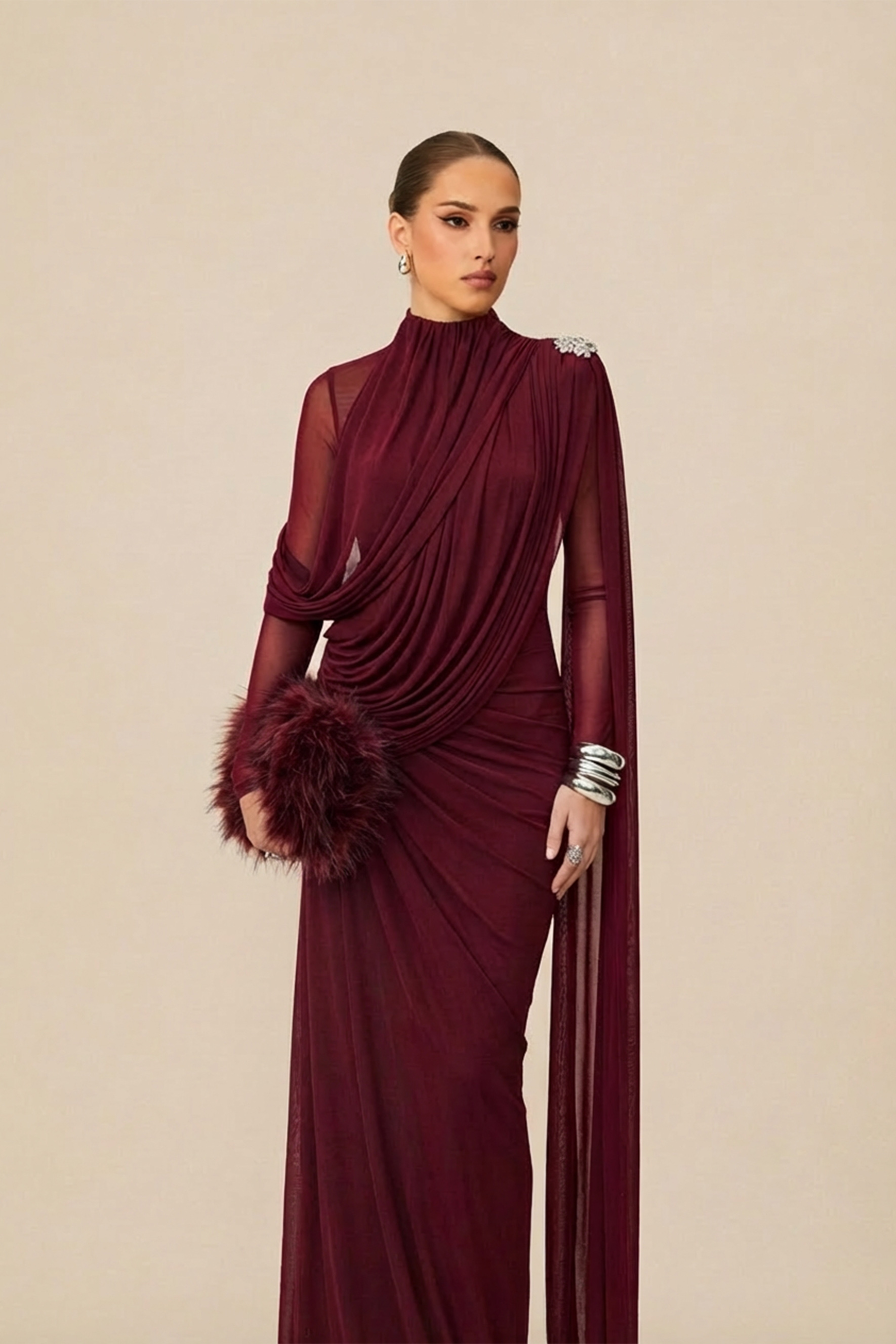 Gala Ready Burgundy Asymmetric Draped Cape Maxi Dress-purelyfable