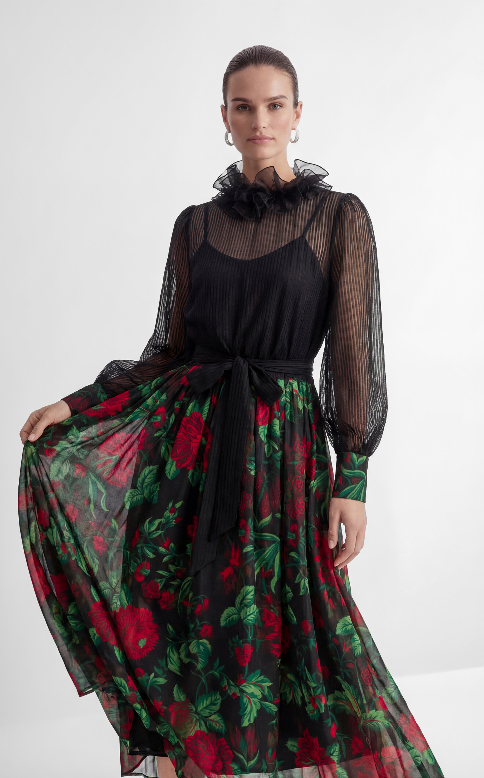 Hidden Flame Black Floral Print Chiffon Maxi Dress-purelyfable