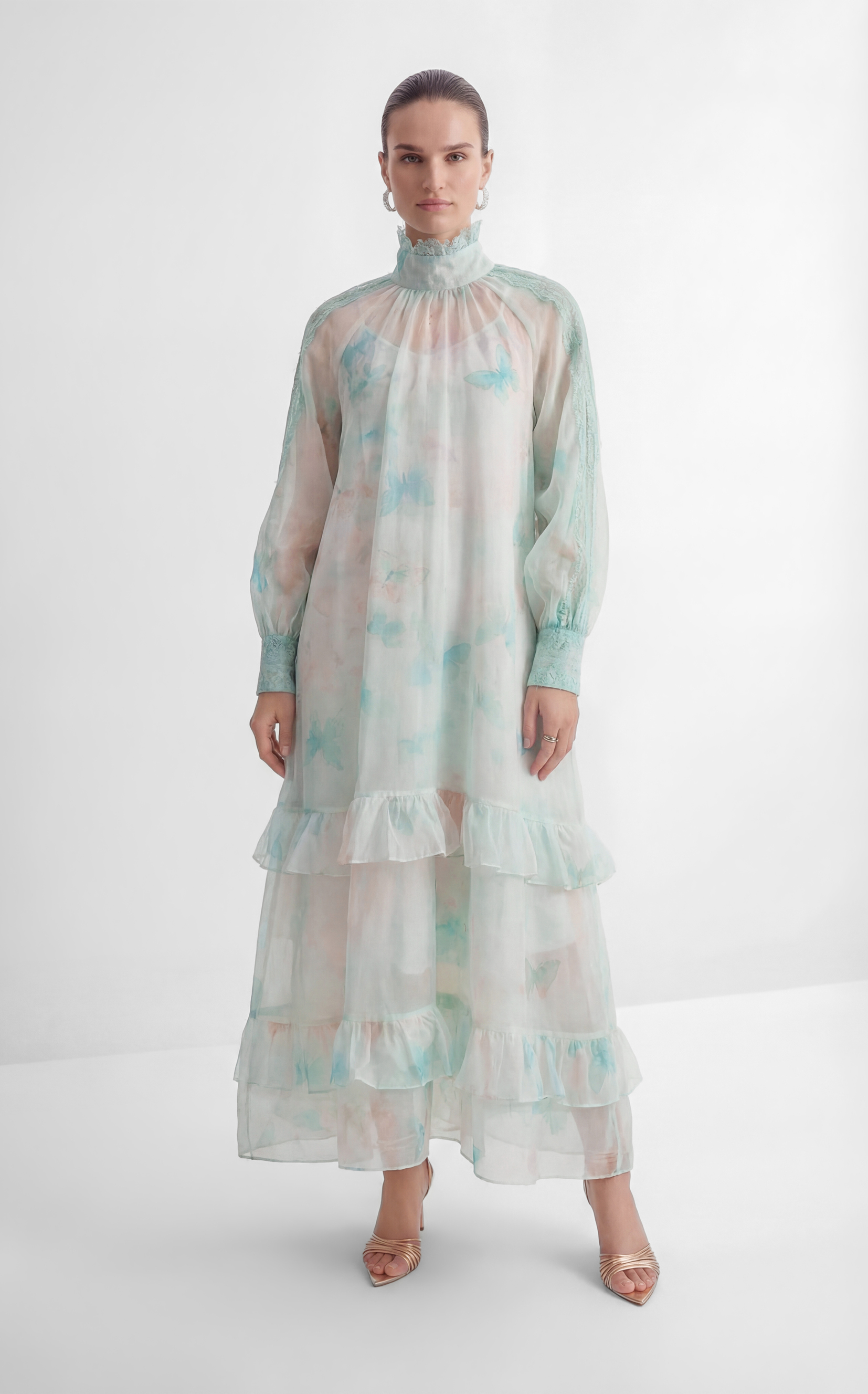 Venus Chartreuse Mint Butterfly Print Tiered Ruffle Maxi Dress-purelyfable