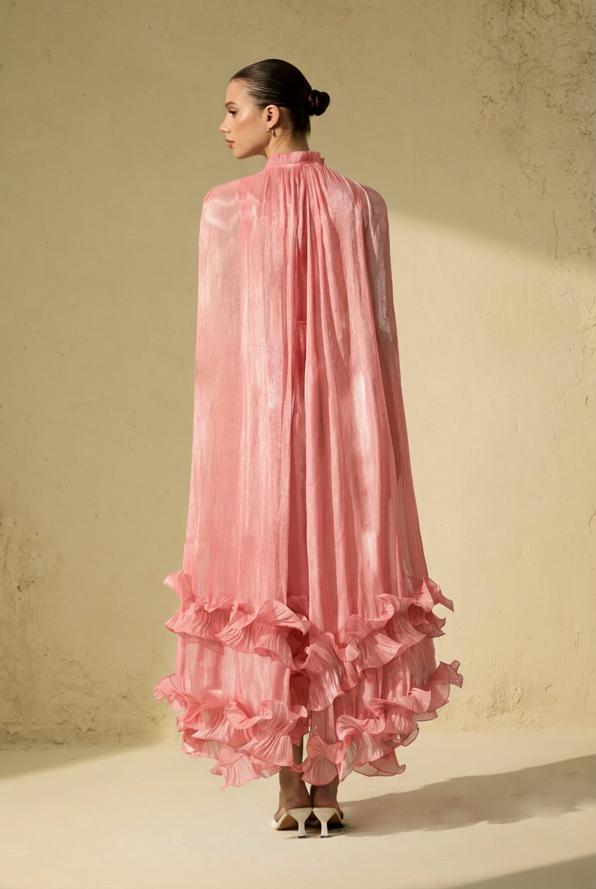 Shirley Pink Cape-effect Ruffled Midi Dress-purelyfable